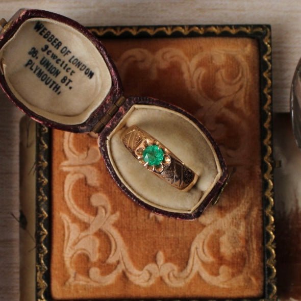 Antique Austro - Hungarian 14k Rose Gold and Emerald Belcher Ring - Clover Collective Antiques