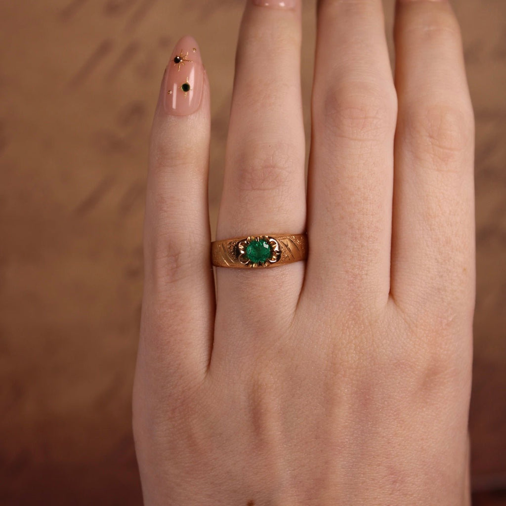 Antique Austro - Hungarian 14k Rose Gold and Emerald Belcher Ring - Clover Collective Antiques