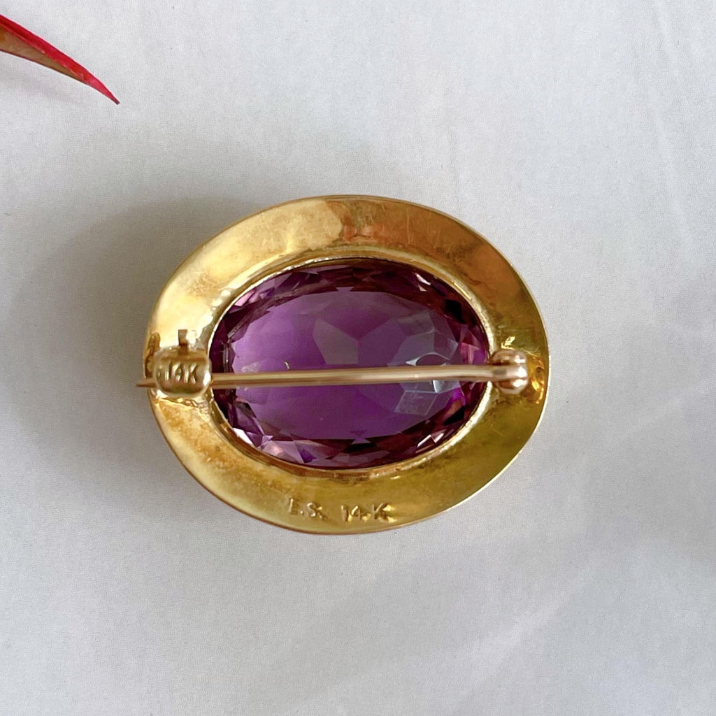 Antique Ehrlich & Sinnock Inc. 14k Yellow Gold and Amethyst Brooch - Clover Collective Antiques