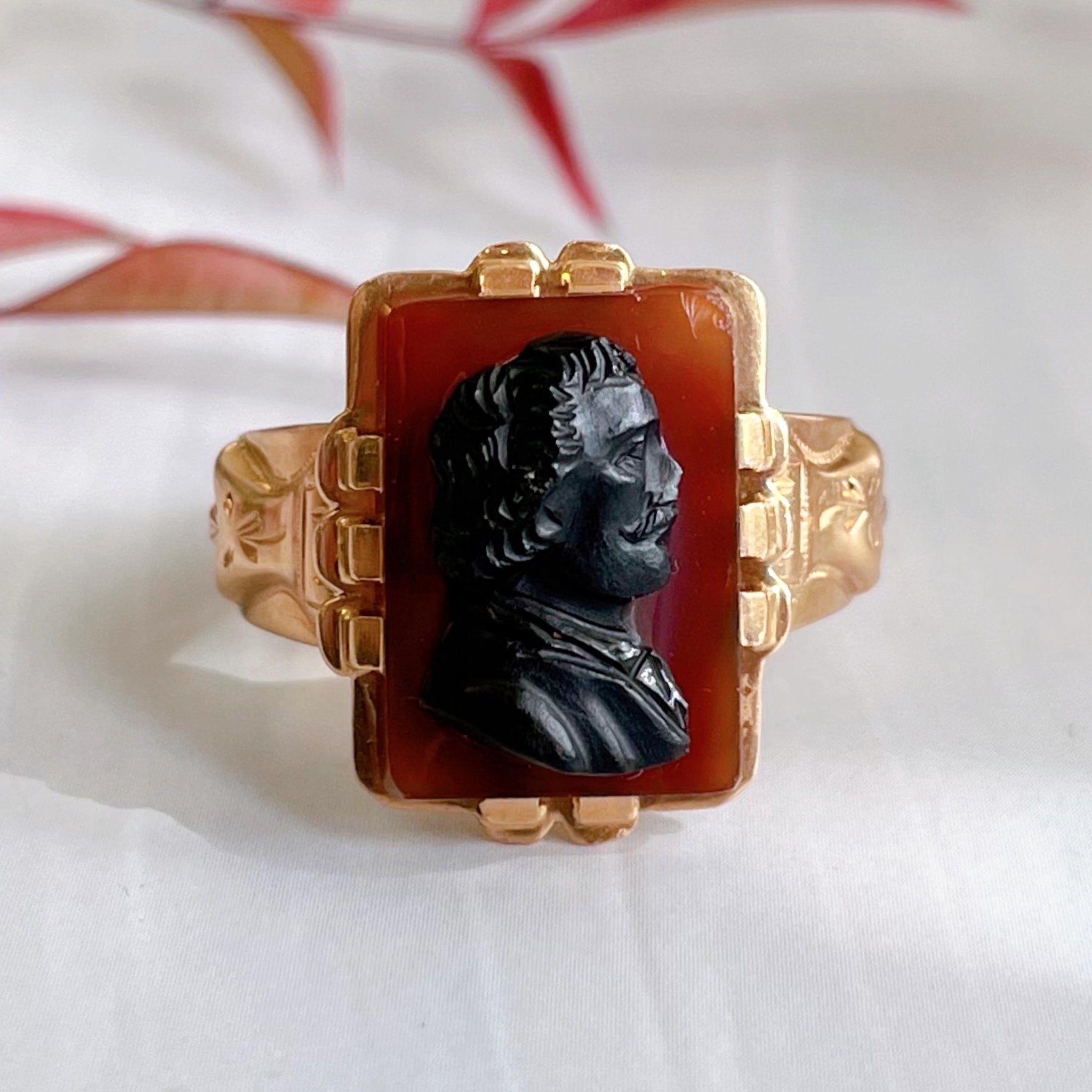 Antique French 18k Yellow Gold Agate Cameo Ring - Clover Collective Antiques