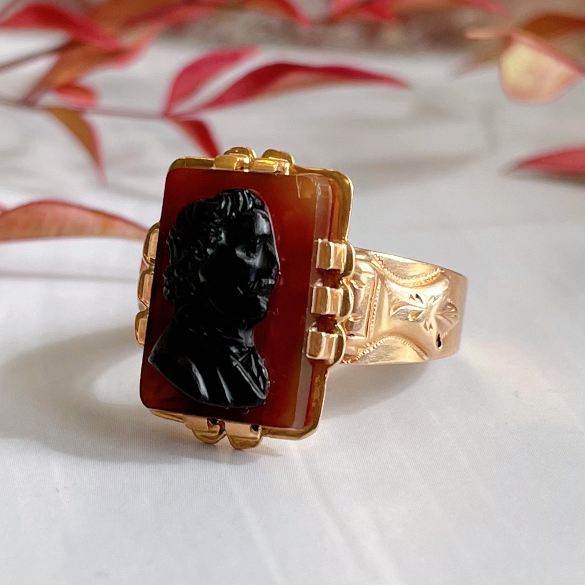 Antique French 18k Yellow Gold Agate Cameo Ring - Clover Collective Antiques