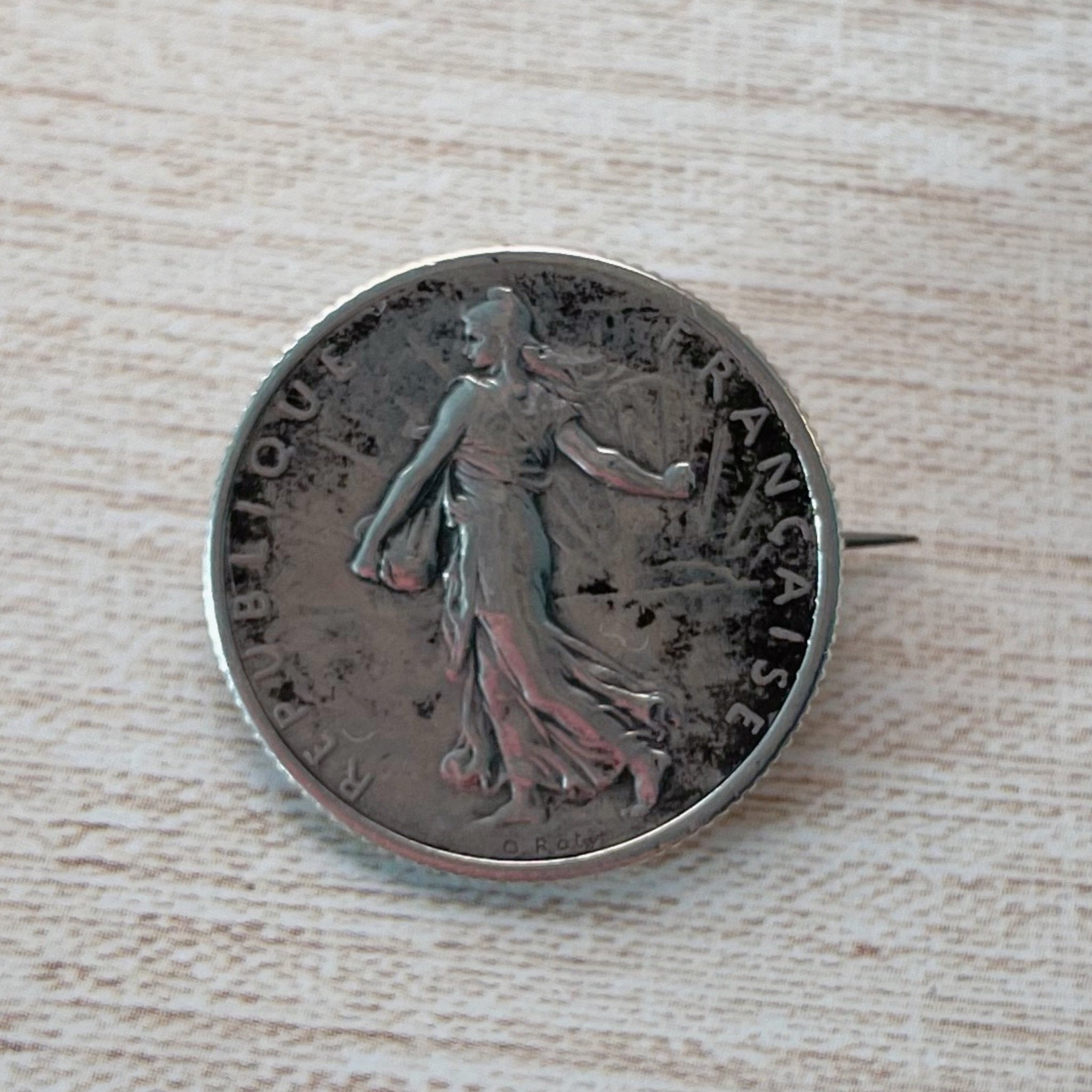 Antique French 1916 1 Franc Silver Coin Brooch - Clover Collective Antiques