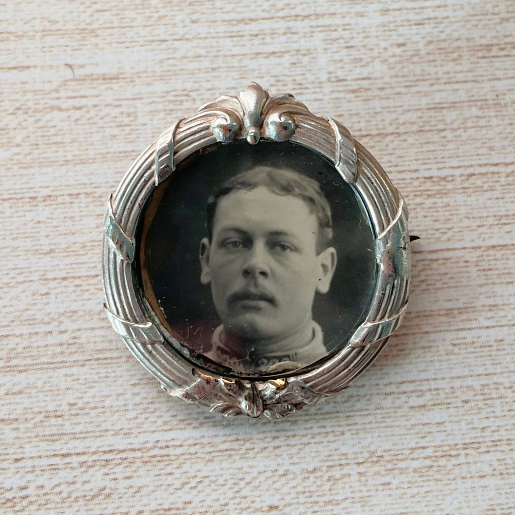 Antique French Silver WWI Memorial Photo Brooch - Clover Collective Antiques