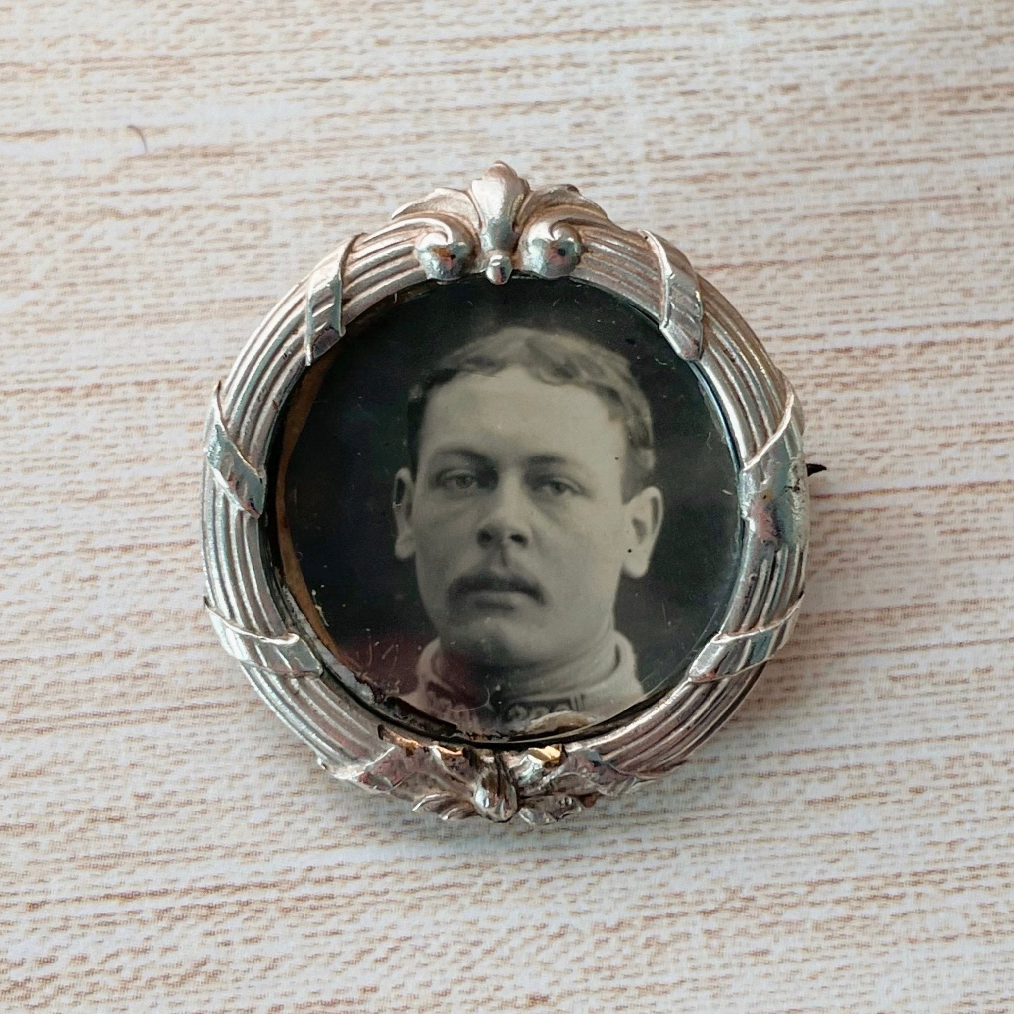 Antique French Silver WWI Memorial Photo Brooch - Clover Collective Antiques