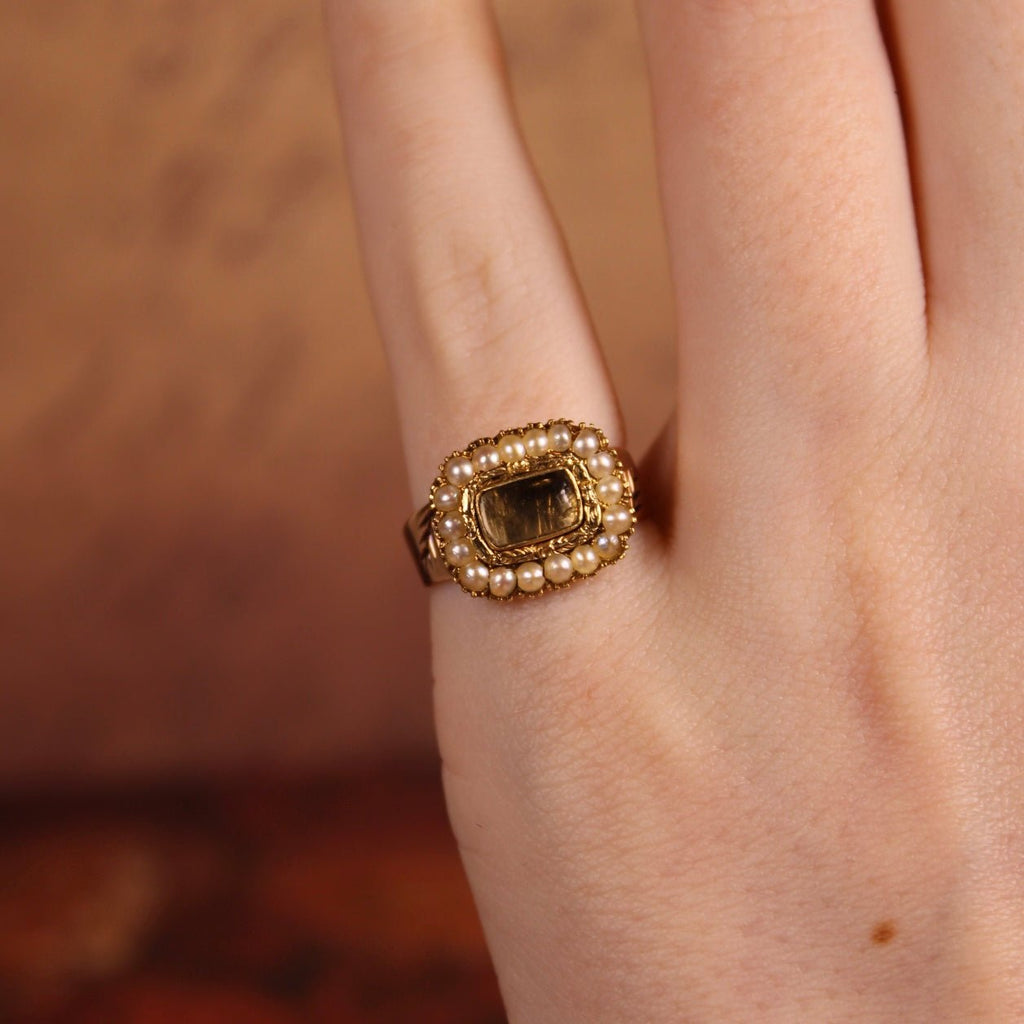 Antique Georgian 10k Gold, 14k Gold, and Seed Pearl Mourning Locket Ring - Clover Collective Antiques