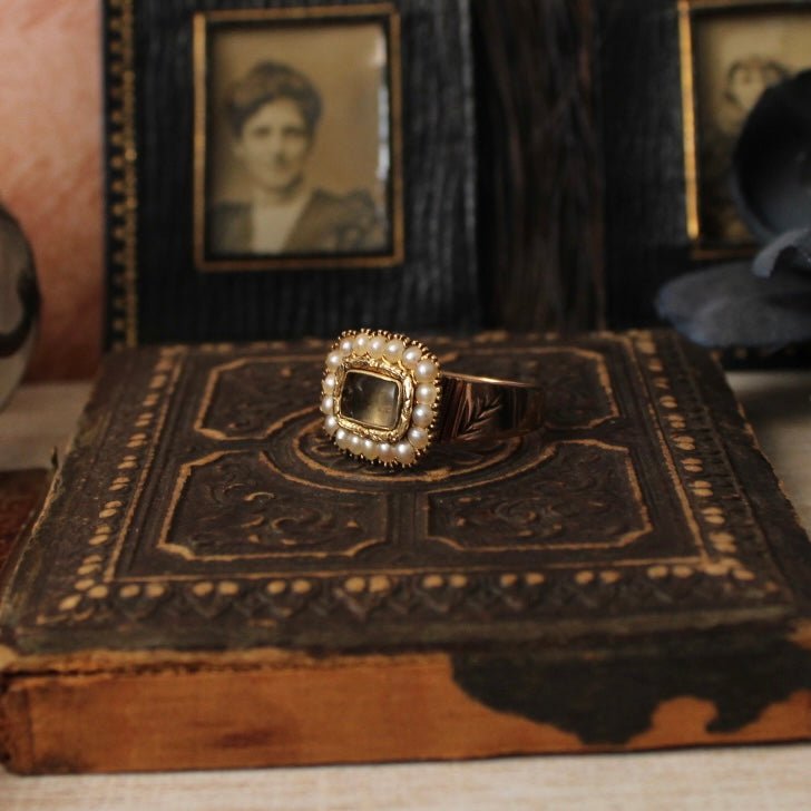 Antique Georgian 10k Gold, 14k Gold, and Seed Pearl Mourning Locket Ring - Clover Collective Antiques