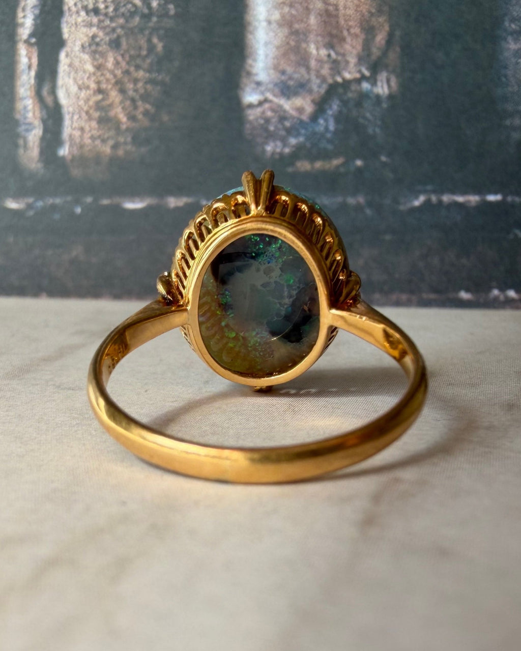 Antique - Inspired 18k Yellow Gold 4.30 Carat Australian Black Opal Ring - Clover Collective Antiques