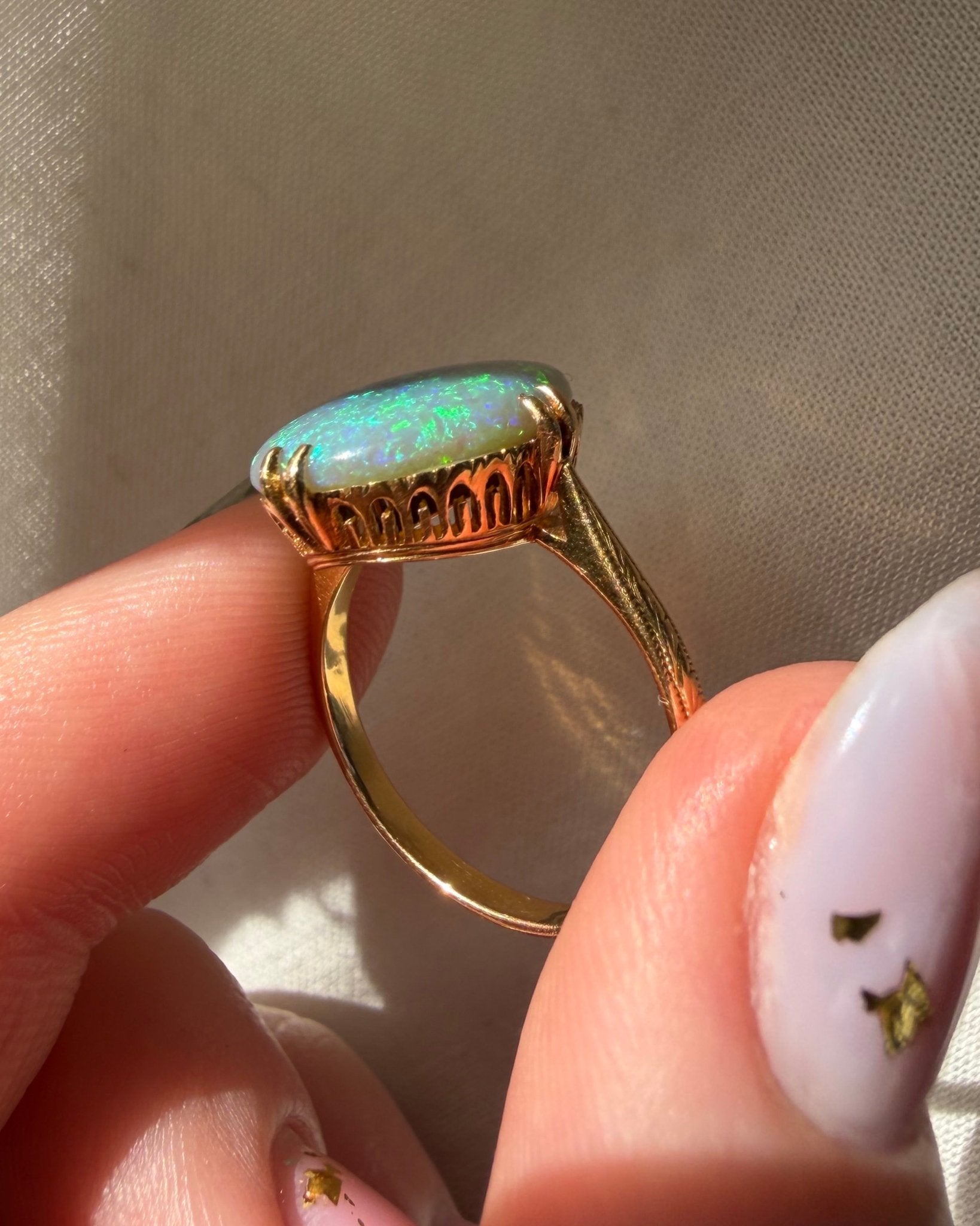 Antique - Inspired 18k Yellow Gold 4.30 Carat Australian Black Opal Ring - Clover Collective Antiques