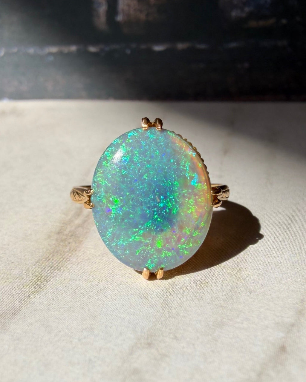 Antique - Inspired 18k Yellow Gold 4.30 Carat Australian Black Opal Ring - Clover Collective Antiques
