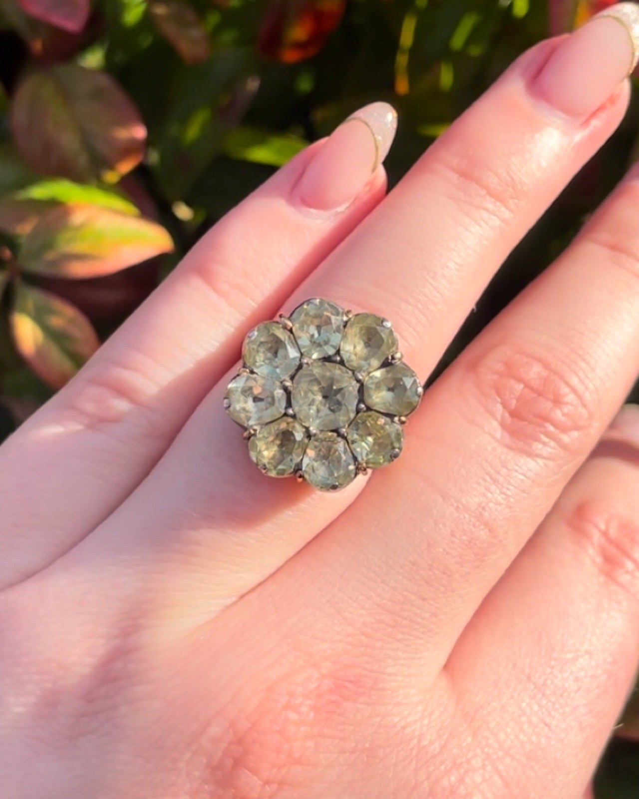 Antique Late 18th Century Portuguese 18K Gold and Silver Chrysoberyl Minas Novas Cluster Ring - Clover Collective Antiques