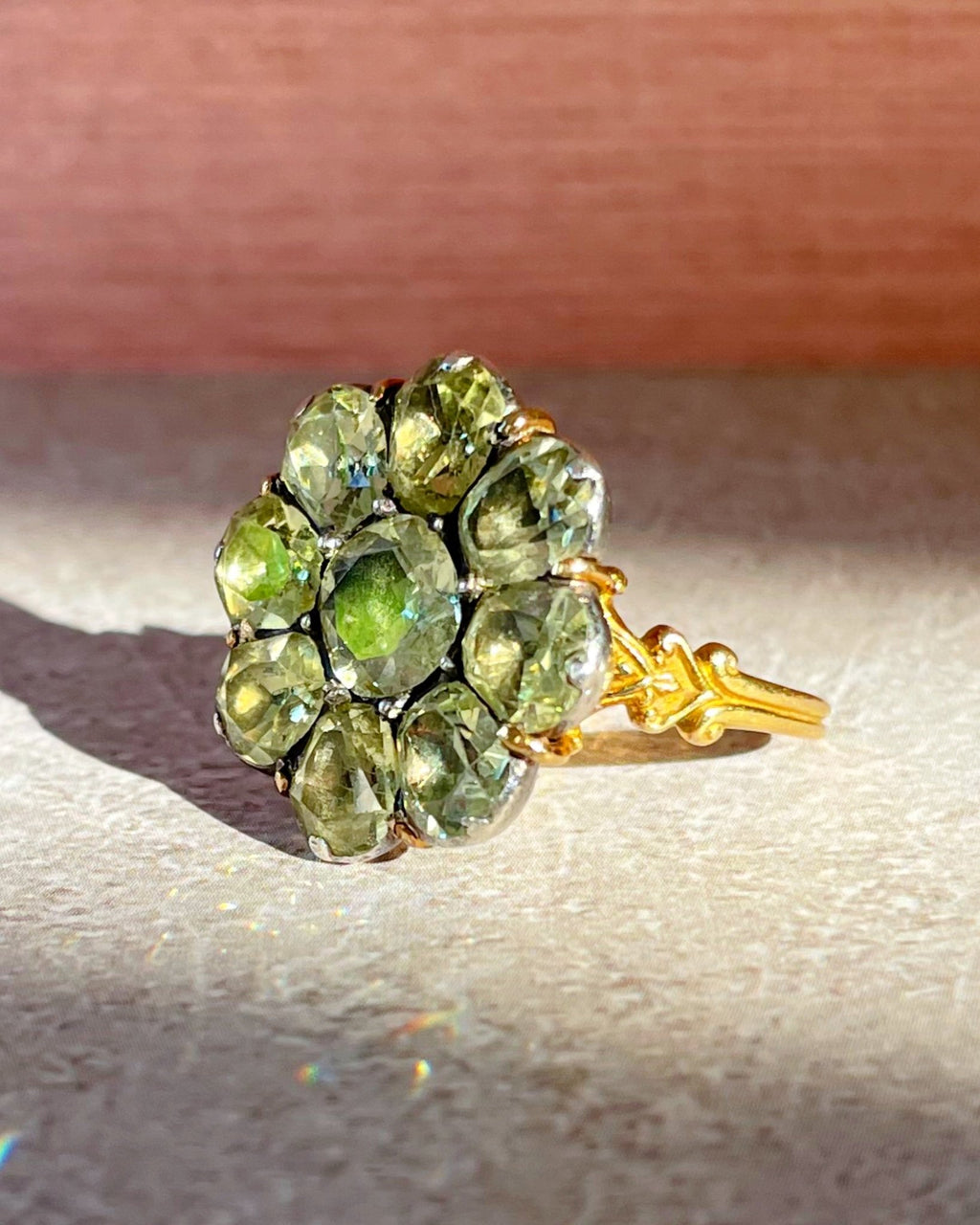 Antique Late 18th Century Portuguese 18K Gold and Silver Chrysoberyl Minas Novas Cluster Ring - Clover Collective Antiques