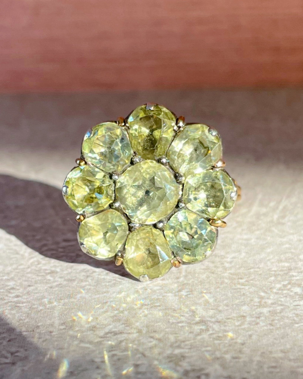 Antique Late 18th Century Portuguese 18K Gold and Silver Chrysoberyl Minas Novas Cluster Ring - Clover Collective Antiques