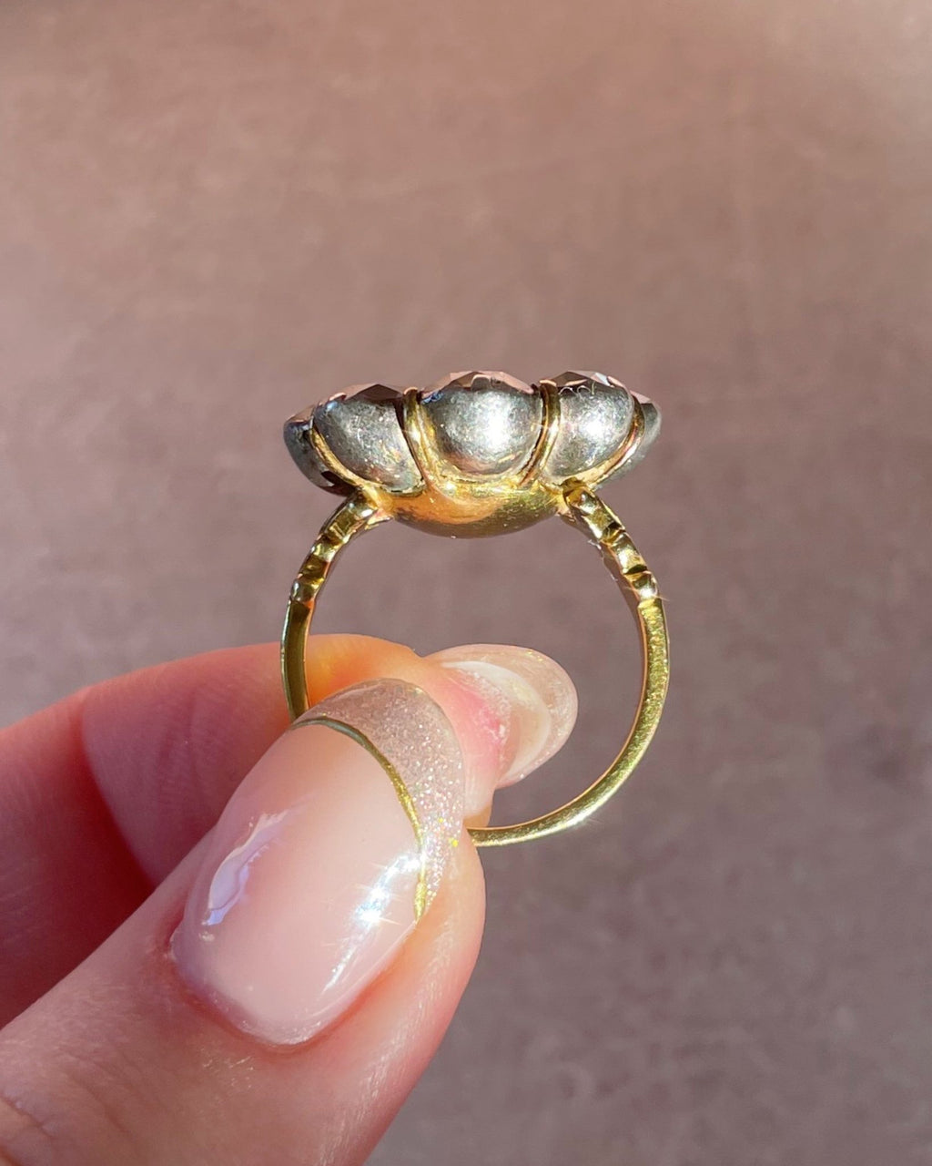 Antique Late 18th Century Portuguese 18K Gold and Silver Chrysoberyl Minas Novas Cluster Ring - Clover Collective Antiques