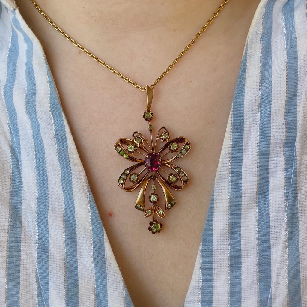 Antique Russian 14k Rose Gold, Tourmaline, and Demantoid Garnet Pendant - Clover Collective Antiques