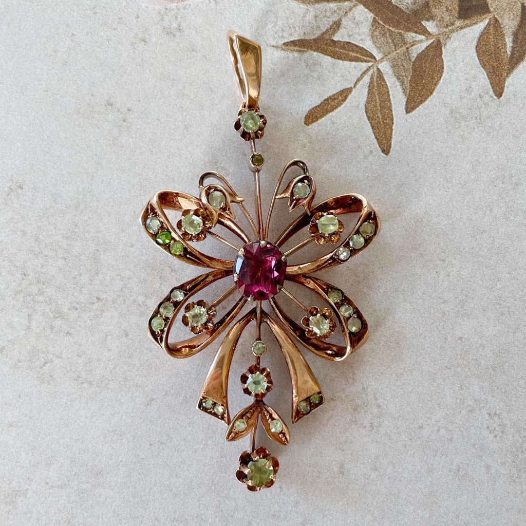 Antique Russian 14k Rose Gold, Tourmaline, and Demantoid Garnet Pendant - Clover Collective Antiques
