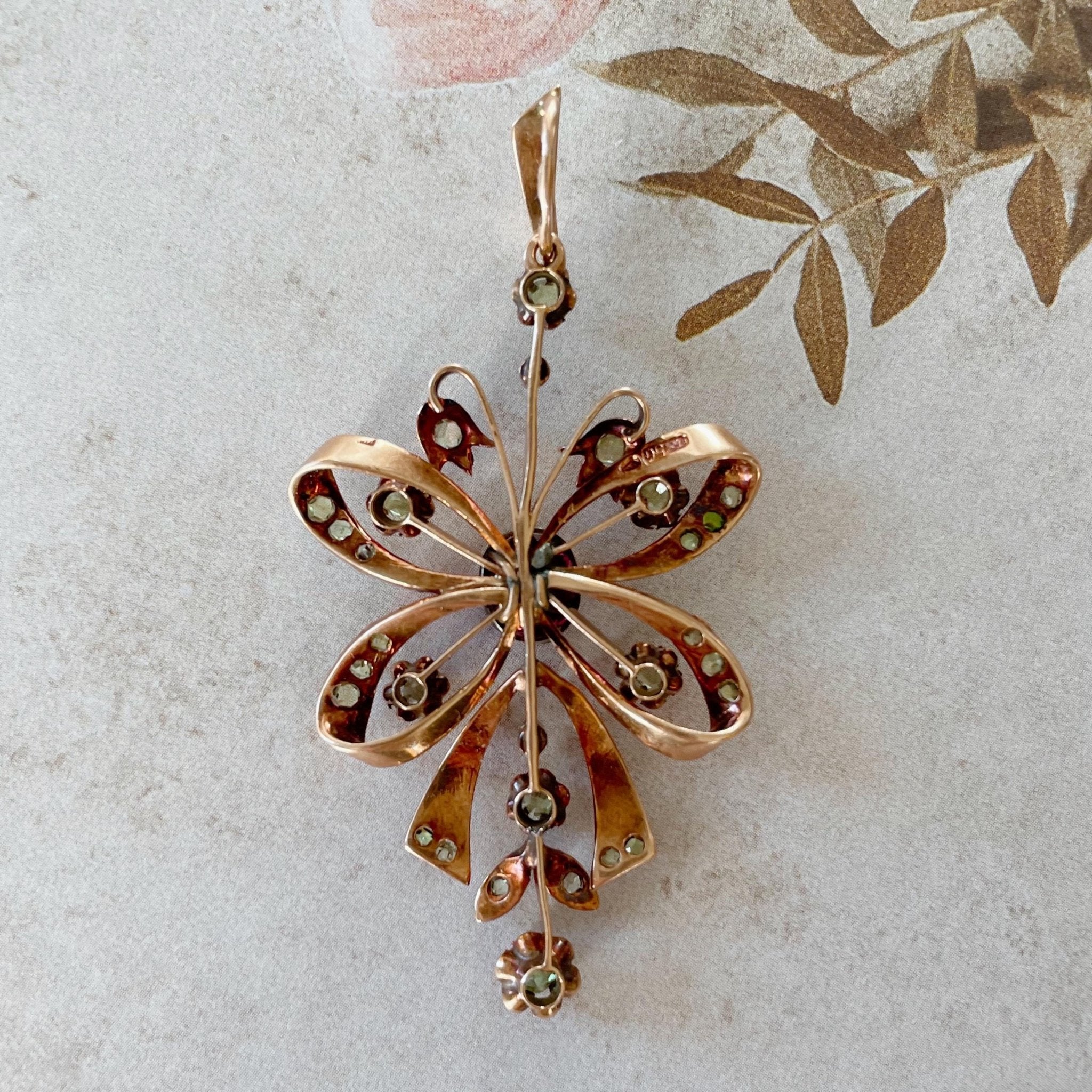 Antique Russian 14k Rose Gold, Tourmaline, and Demantoid Garnet Pendant - Clover Collective Antiques