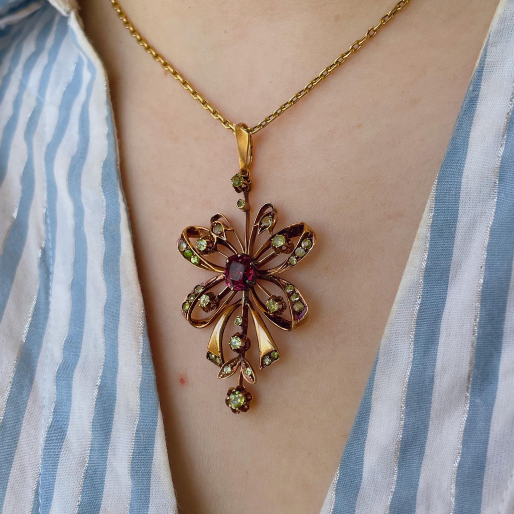 Antique Russian 14k Rose Gold, Tourmaline, and Demantoid Garnet Pendant - Clover Collective Antiques