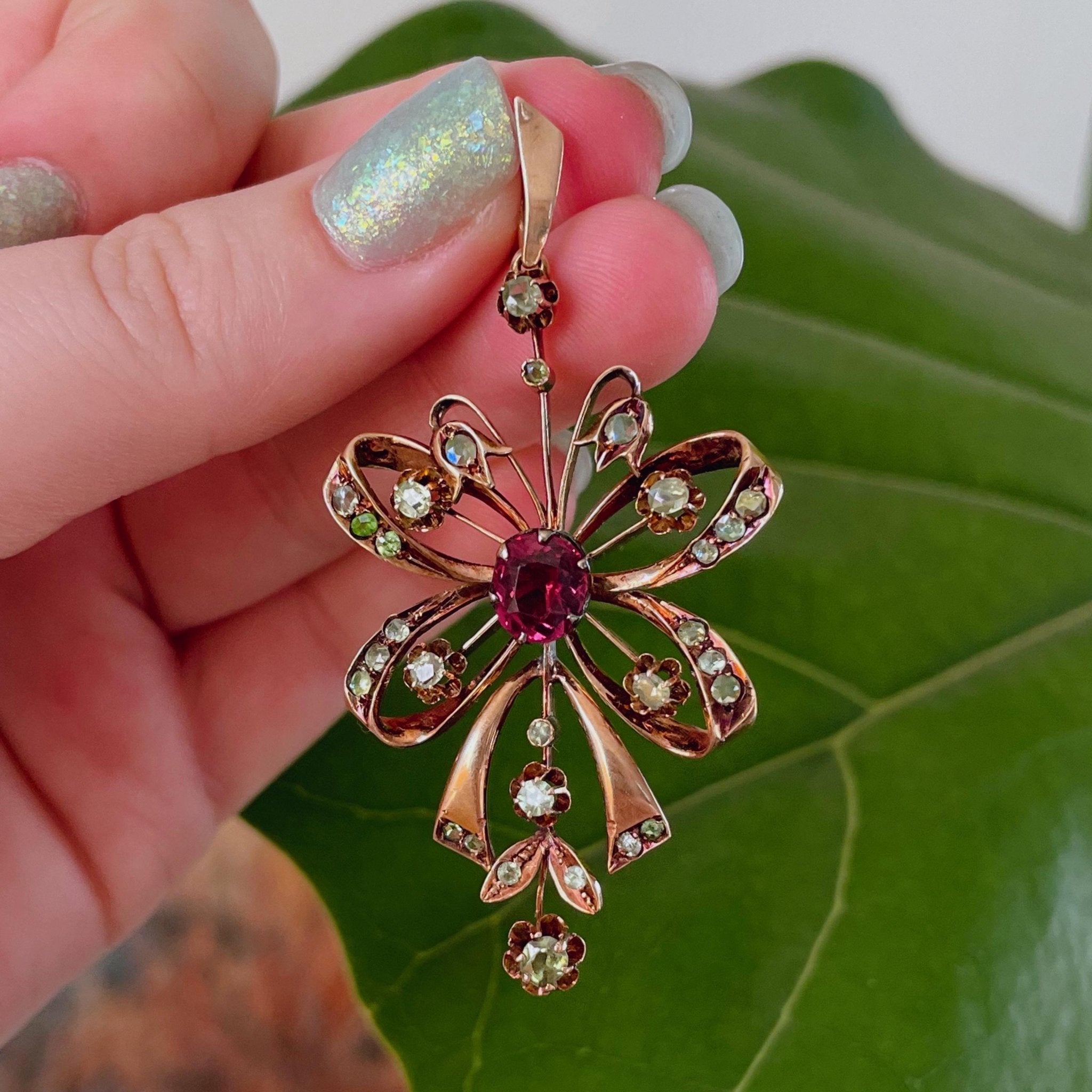 Antique Russian 14k Rose Gold, Tourmaline, and Demantoid Garnet Pendant - Clover Collective Antiques