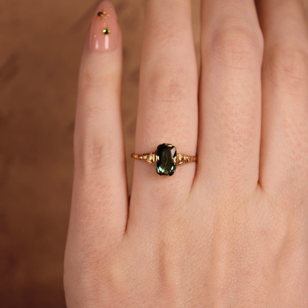 Art Deco 10k Rose Gold and Green Tourmaline Ring - Clover Collective Antiques
