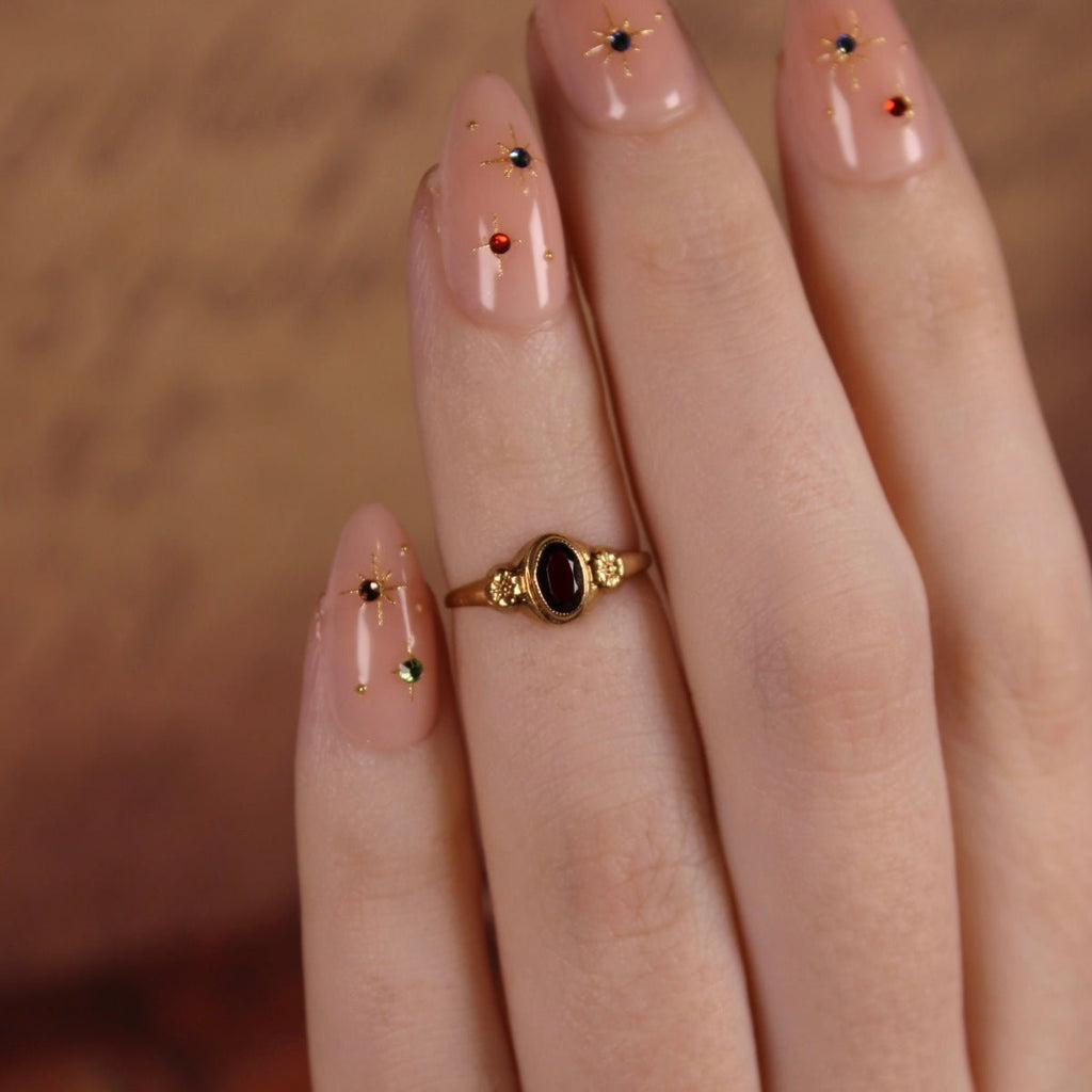 Art Deco 10k Yellow Gold and Red Glass Baby Midi Ring - Clover Collective Antiques