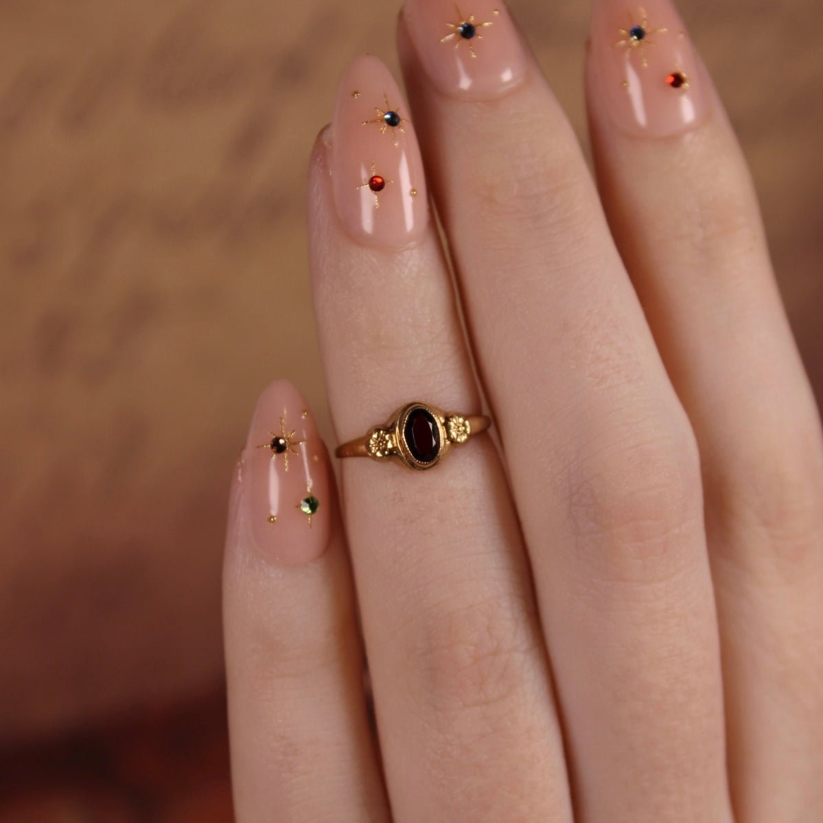 Art Deco 10k Yellow Gold and Red Glass Baby Midi Ring - Clover Collective Antiques