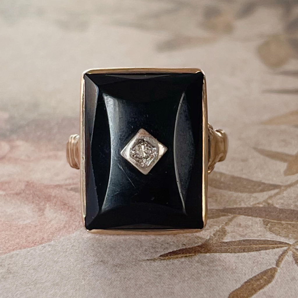 Art Deco 10k Yellow Gold, Onyx, and Diamond Ring - Clover Collective Antiques
