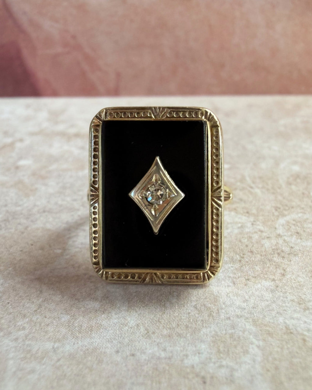 Art Deco 10k Yellow Gold, Onyx, and Diamond Ring - Clover Collective Antiques
