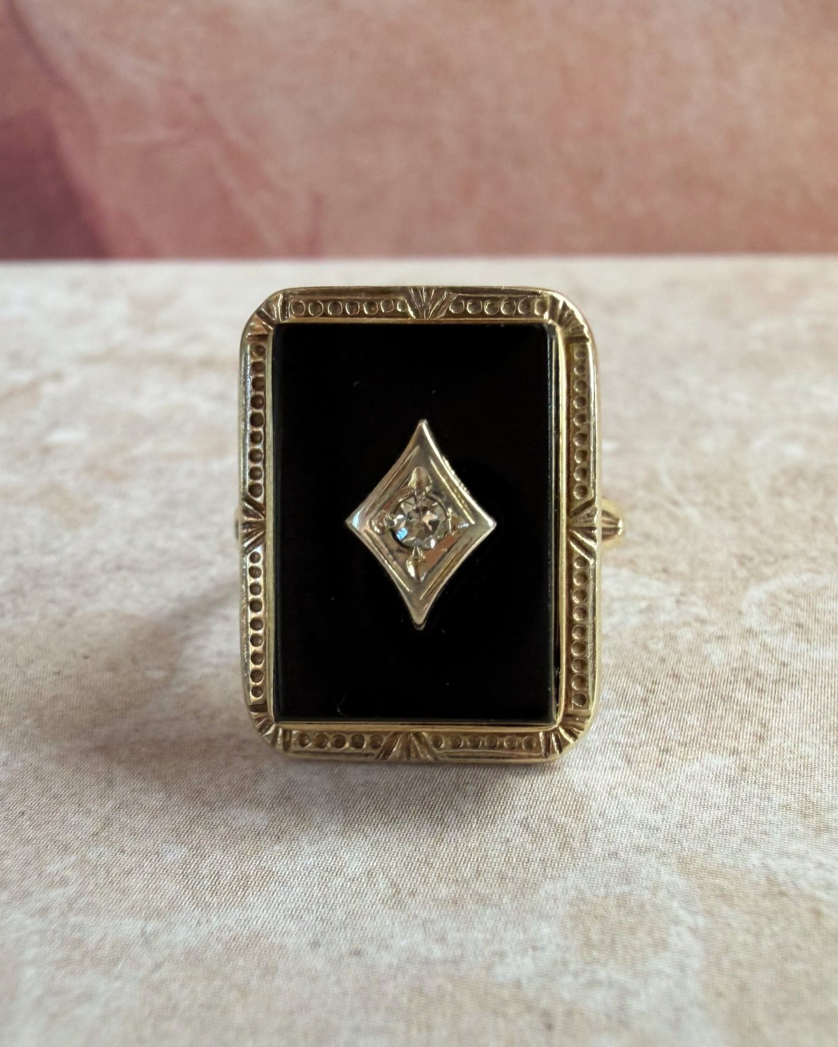Art Deco 10k Yellow Gold, Onyx, and Diamond Ring - Clover Collective Antiques