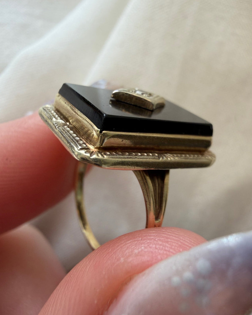 Art Deco 10k Yellow Gold, Onyx, and Diamond Ring - Clover Collective Antiques