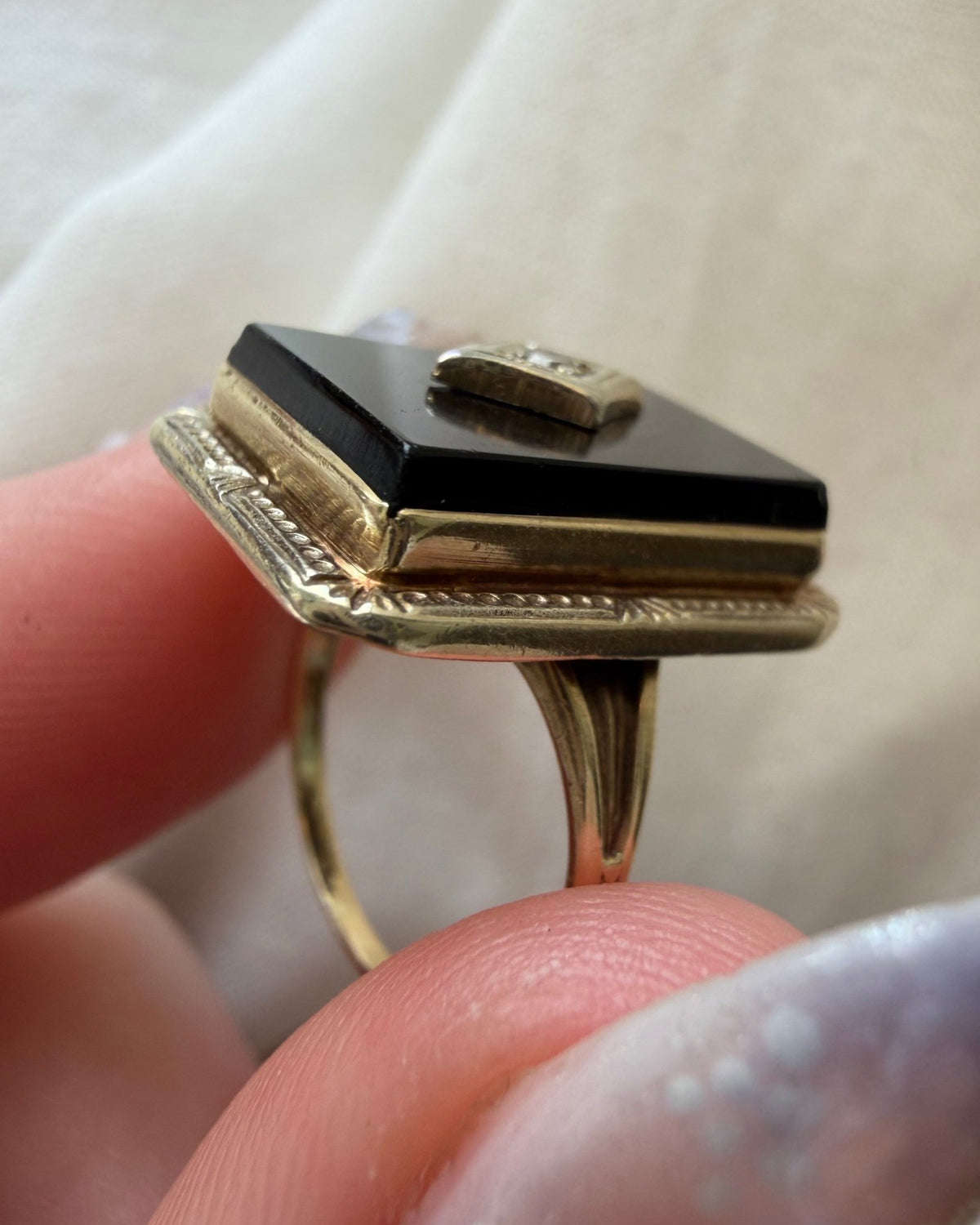 Art Deco 10k Yellow Gold, Onyx, and Diamond Ring - Clover Collective Antiques