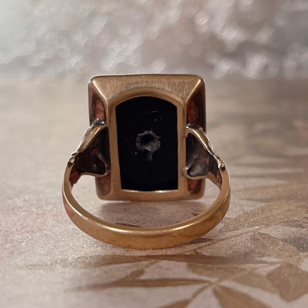 Art Deco 10k Yellow Gold, Onyx, and Diamond Ring - Clover Collective Antiques