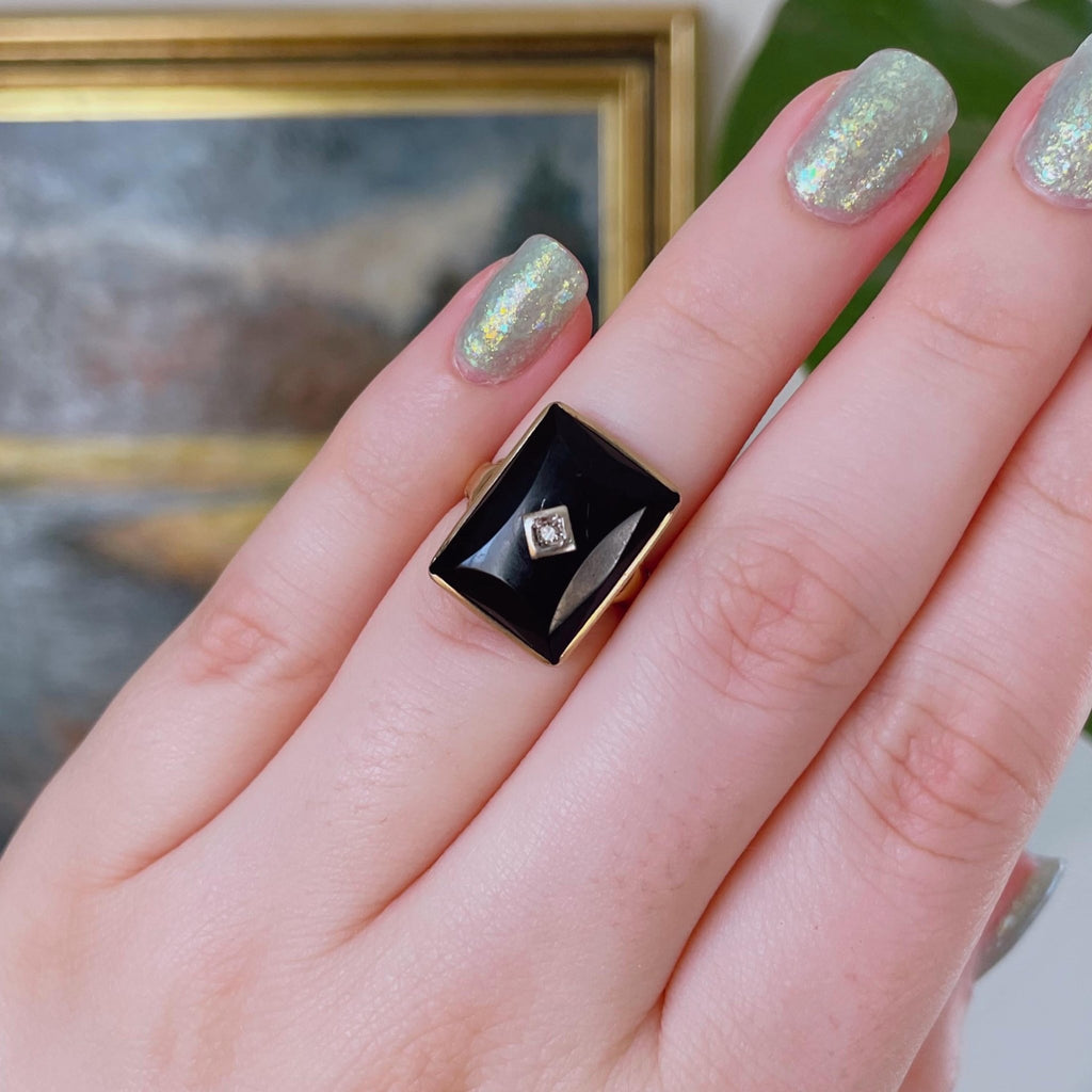 Art Deco 10k Yellow Gold, Onyx, and Diamond Ring - Clover Collective Antiques