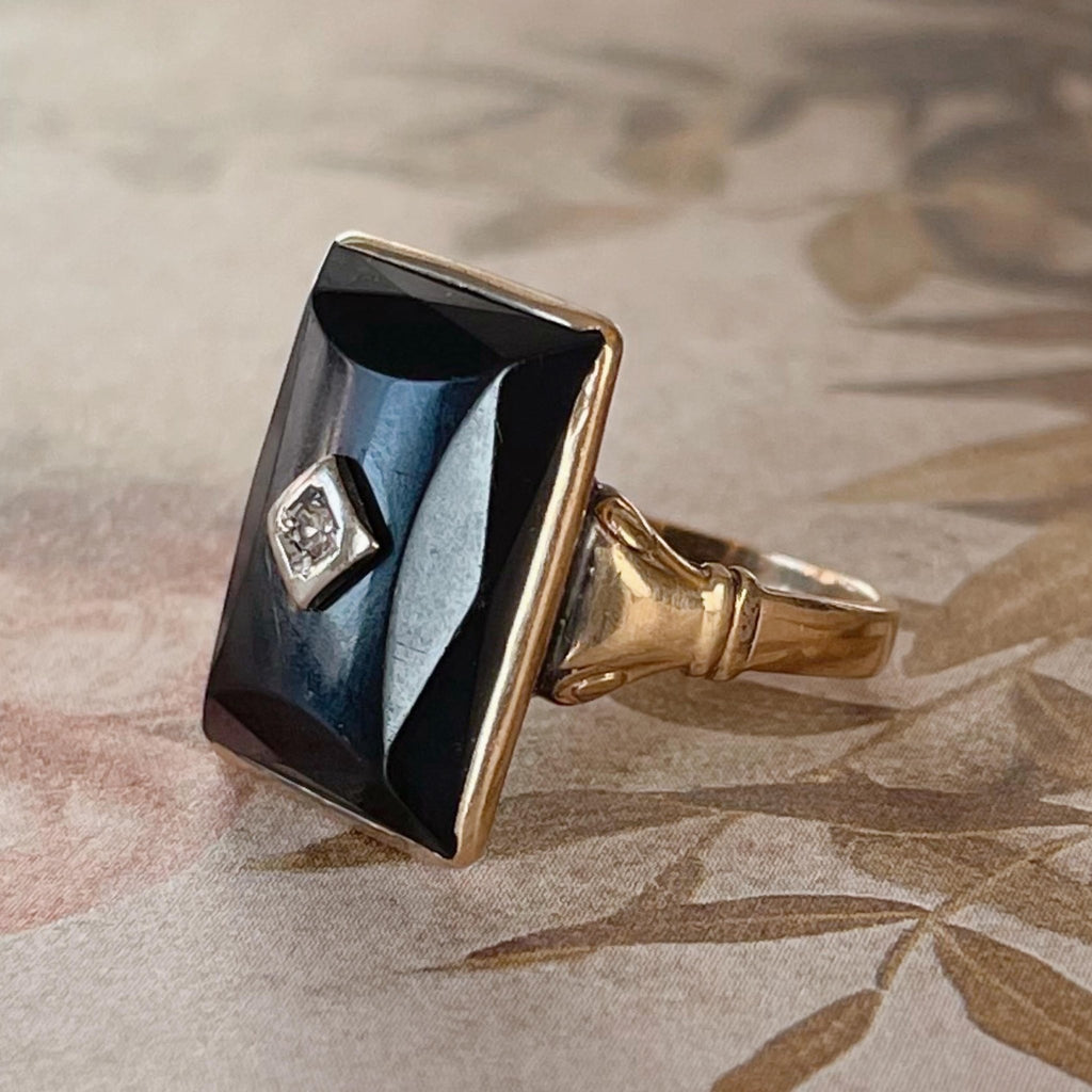Art Deco 10k Yellow Gold, Onyx, and Diamond Ring - Clover Collective Antiques