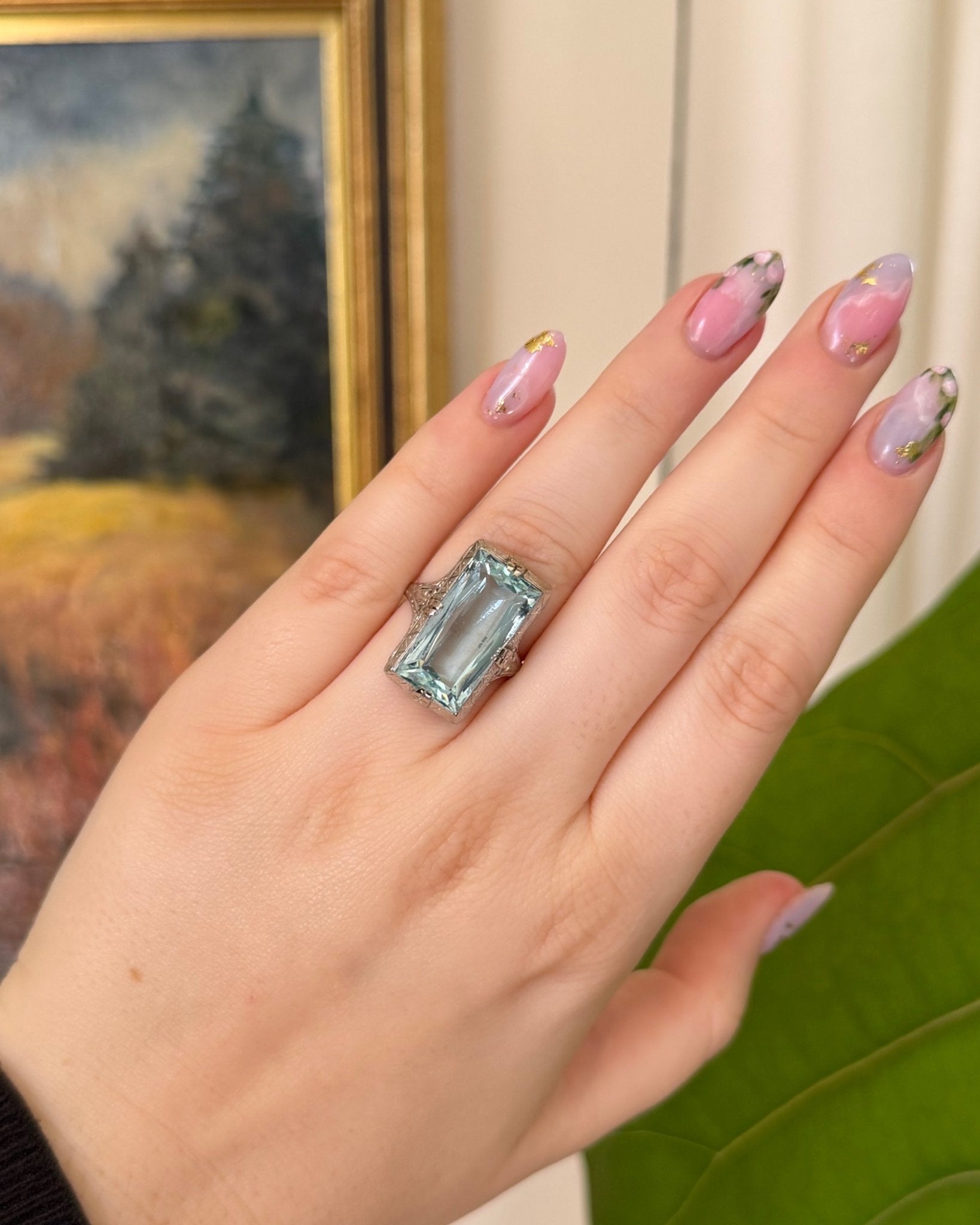 Art Deco 11.00 Carat Aquamarine and 14k White Gold Filigree Ring - Clover Collective Antiques