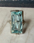 Art Deco 11.00 Carat Aquamarine and 14k White Gold Filigree Ring - Clover Collective Antiques