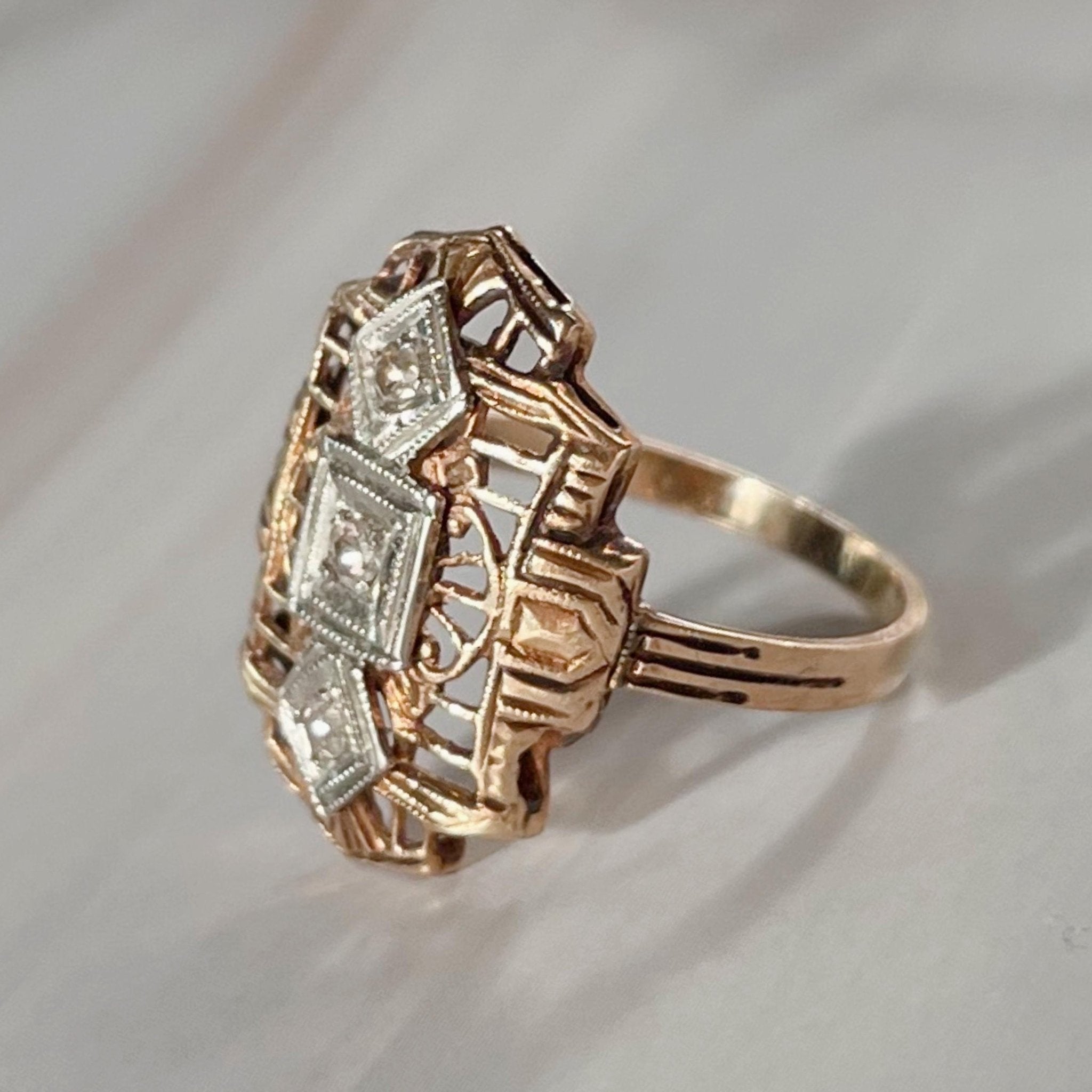 Art Deco 14k Two - Tone Gold and Diamond Filigree Dinner Ring - Clover Collective Antiques