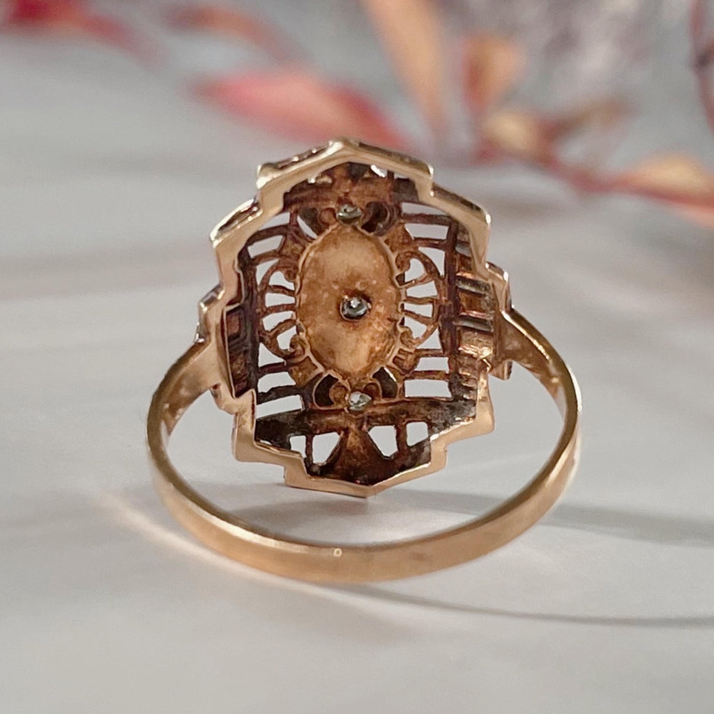 Art Deco 14k Two - Tone Gold and Diamond Filigree Dinner Ring - Clover Collective Antiques