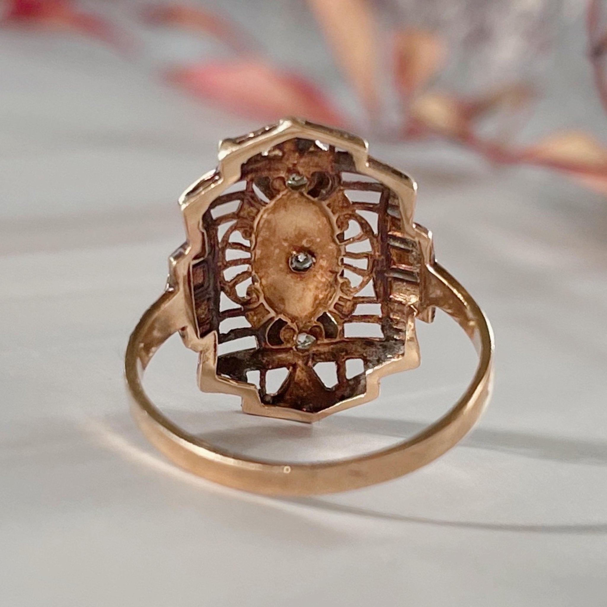Art Deco 14k Two - Tone Gold and Diamond Filigree Dinner Ring - Clover Collective Antiques