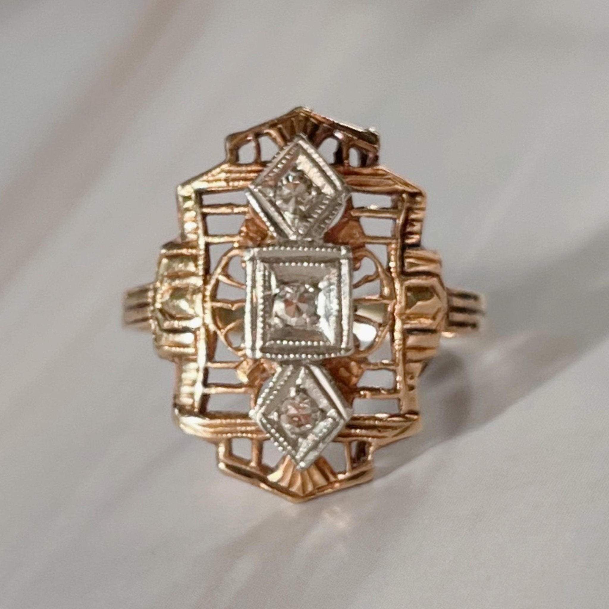 Art Deco 14k Two - Tone Gold and Diamond Filigree Dinner Ring - Clover Collective Antiques