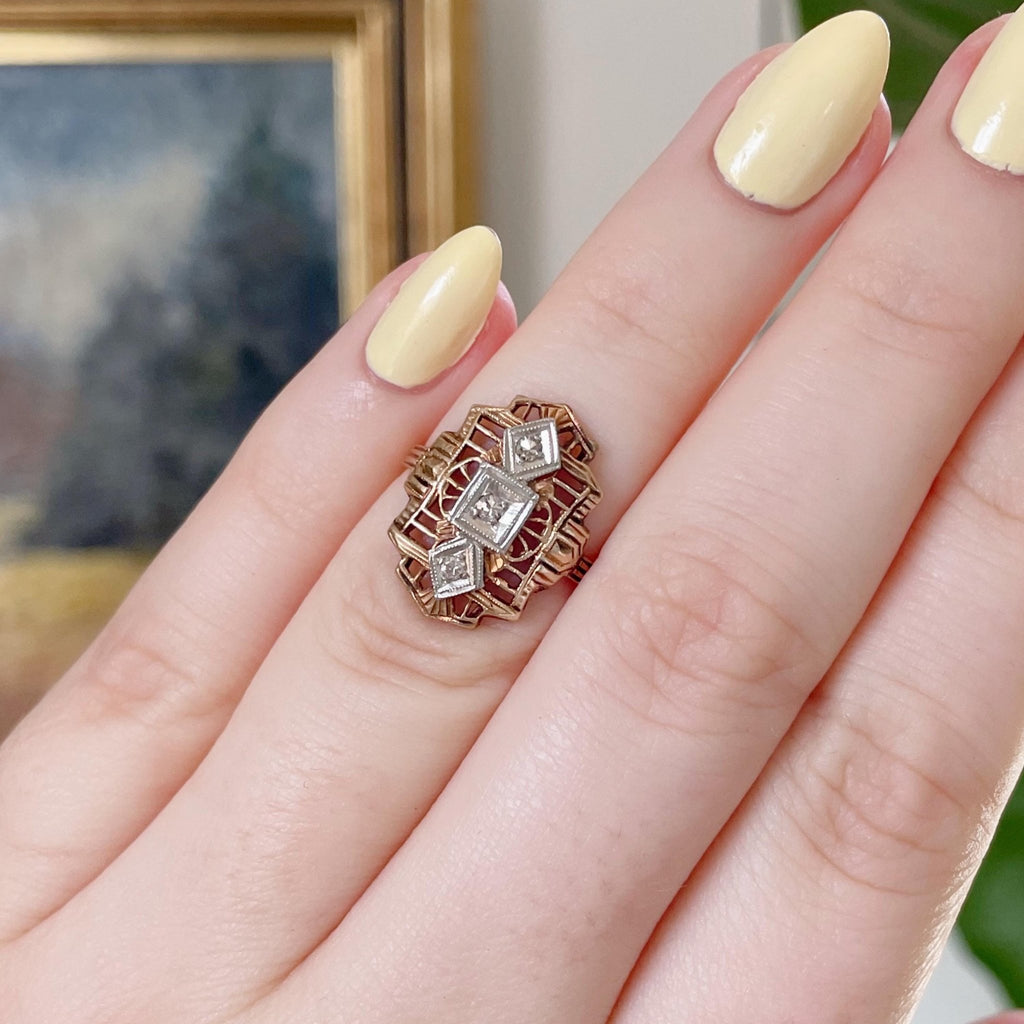 Art Deco 14k Two - Tone Gold and Diamond Filigree Dinner Ring - Clover Collective Antiques