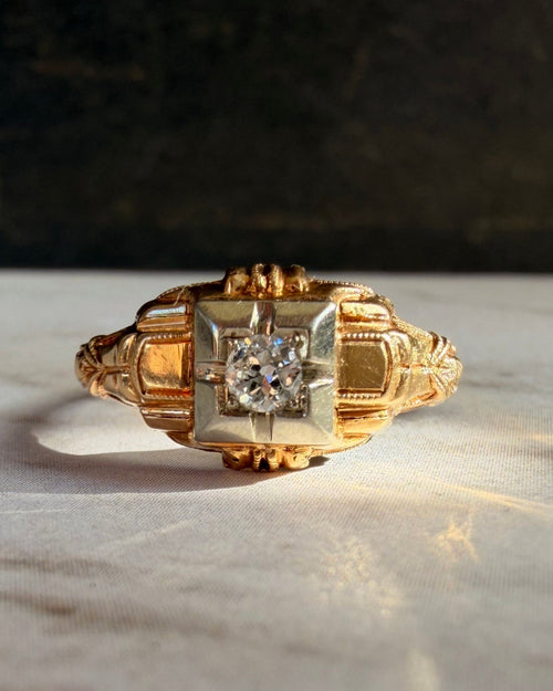 Art Deco 14k Two-Tone Gold and Old European Cut Diamond Ring - Clover Collective Antiques