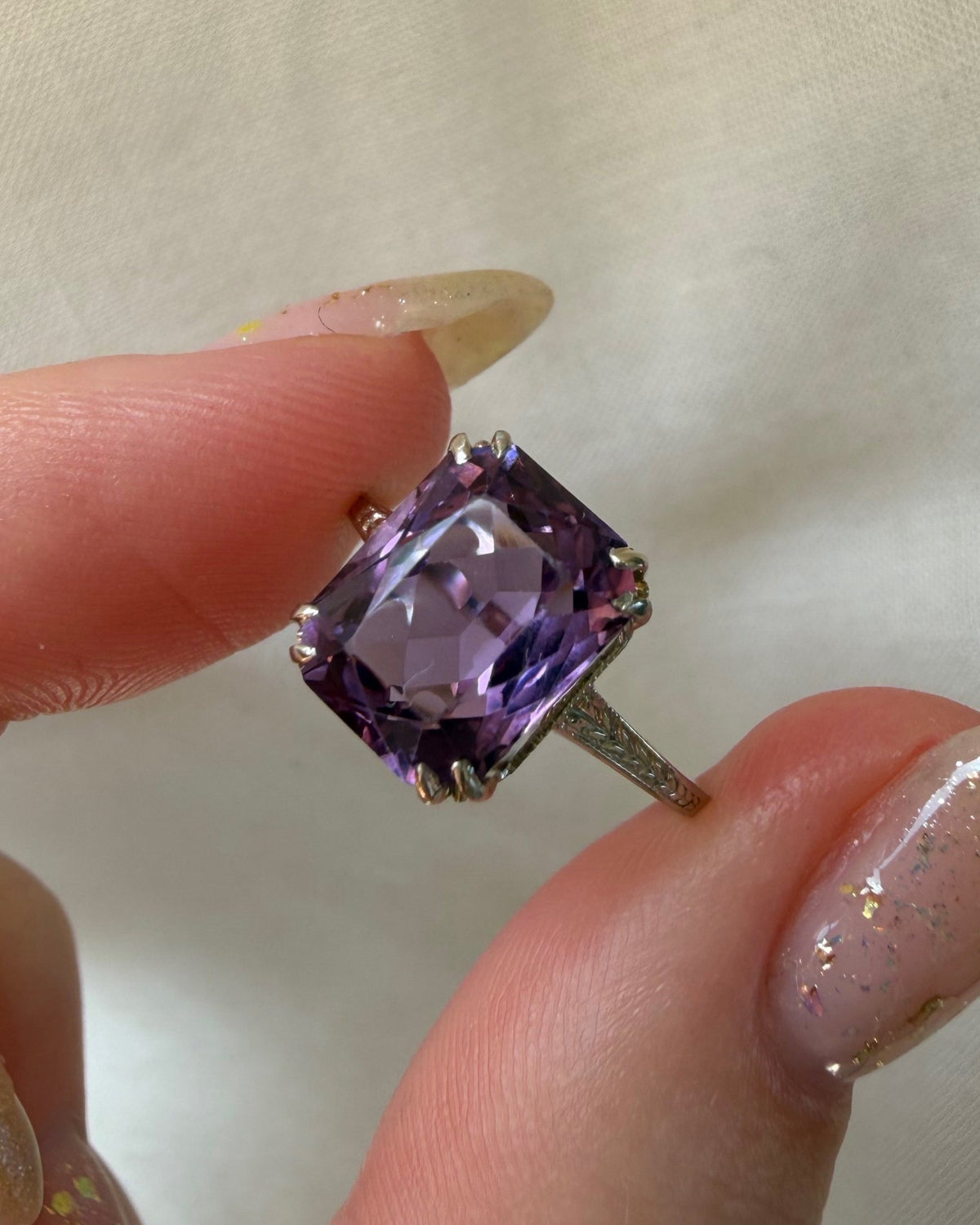 Art Deco 14k White Gold and Amethyst Ring - Clover Collective Antiques