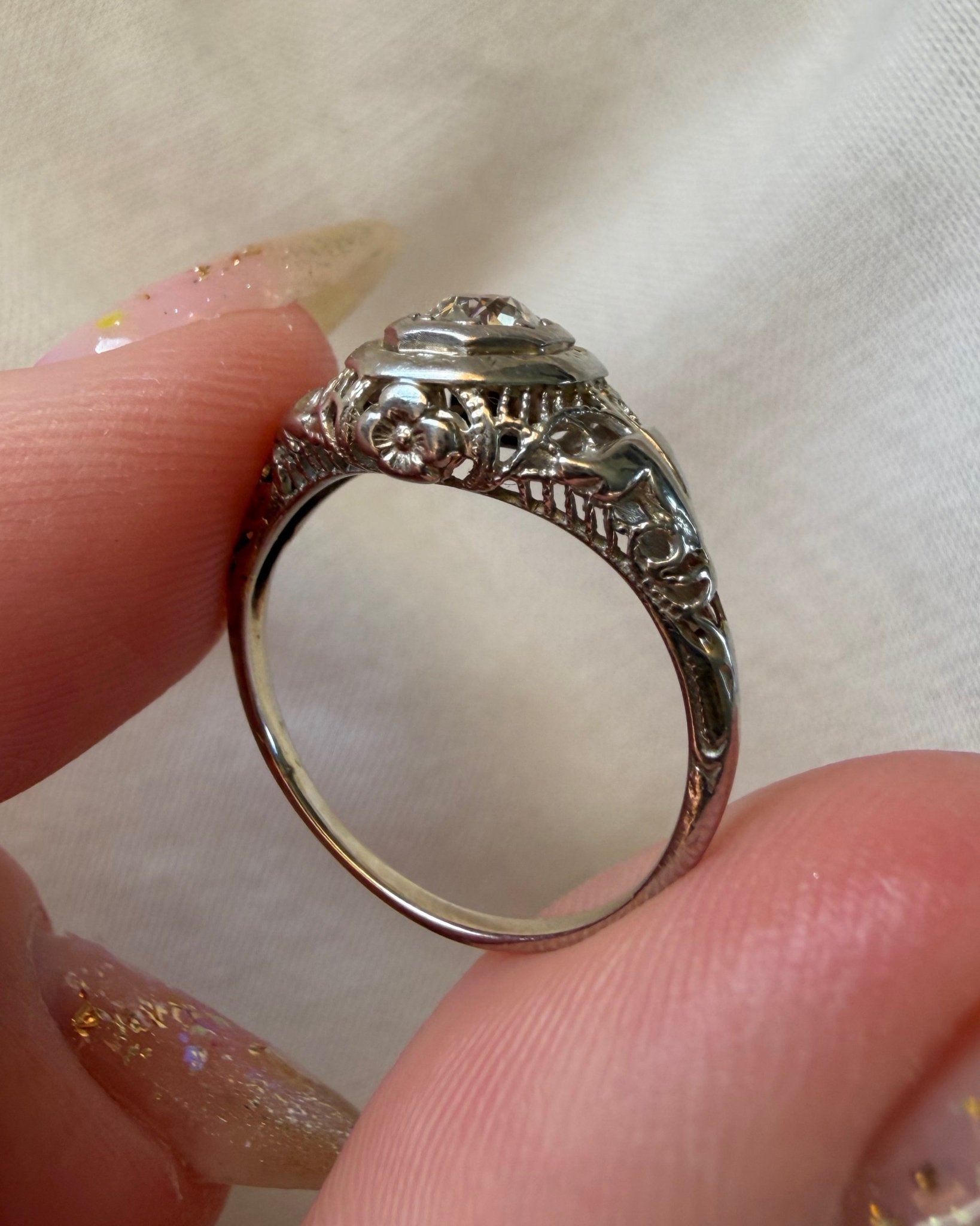 Art Deco 14k White Gold and Old European Cut Diamond Filigree Ring - Clover Collective Antiques