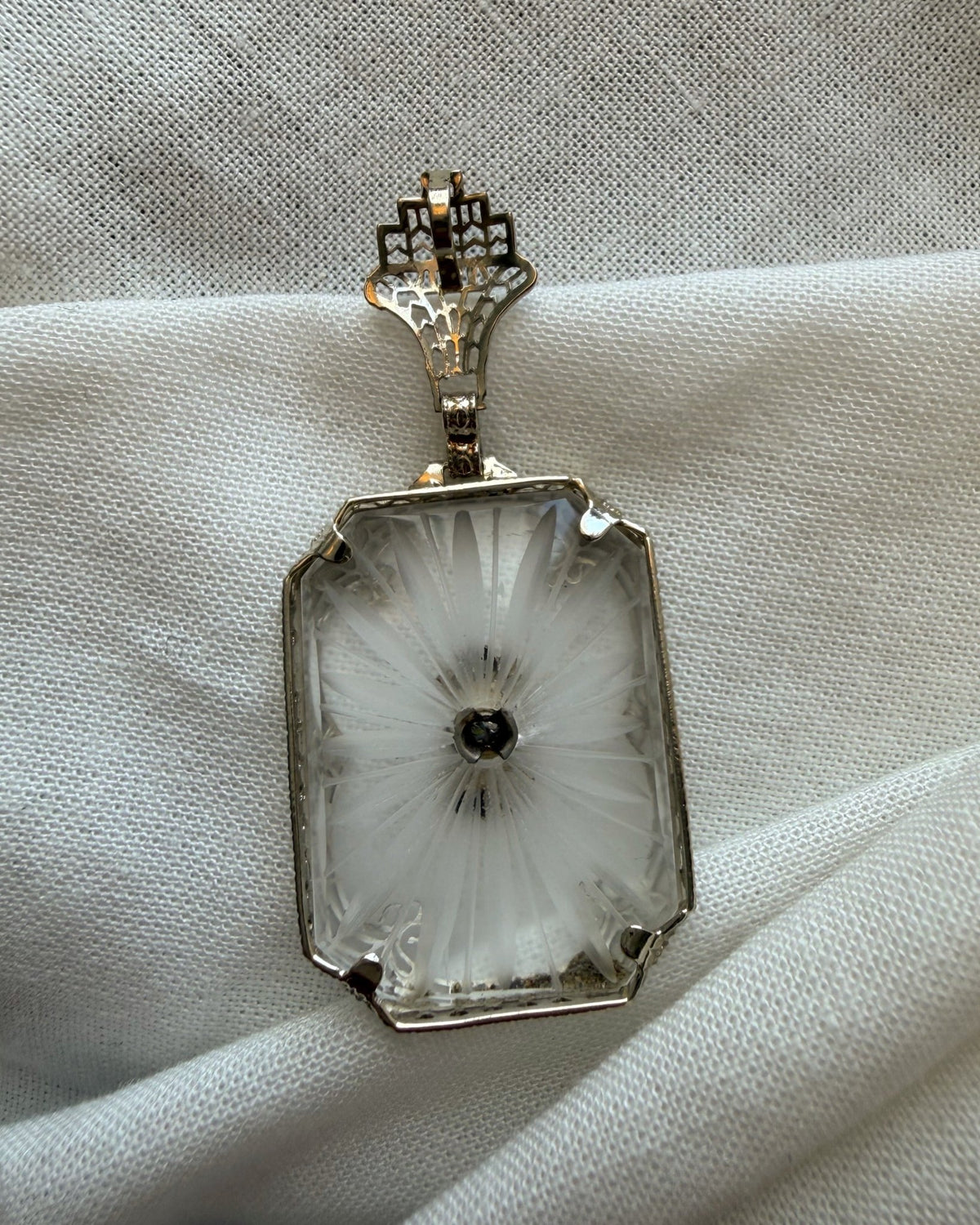 Art Deco 14k White Gold, Carved Crystal, and Diamond Filigree Pendant - Clover Collective Antiques