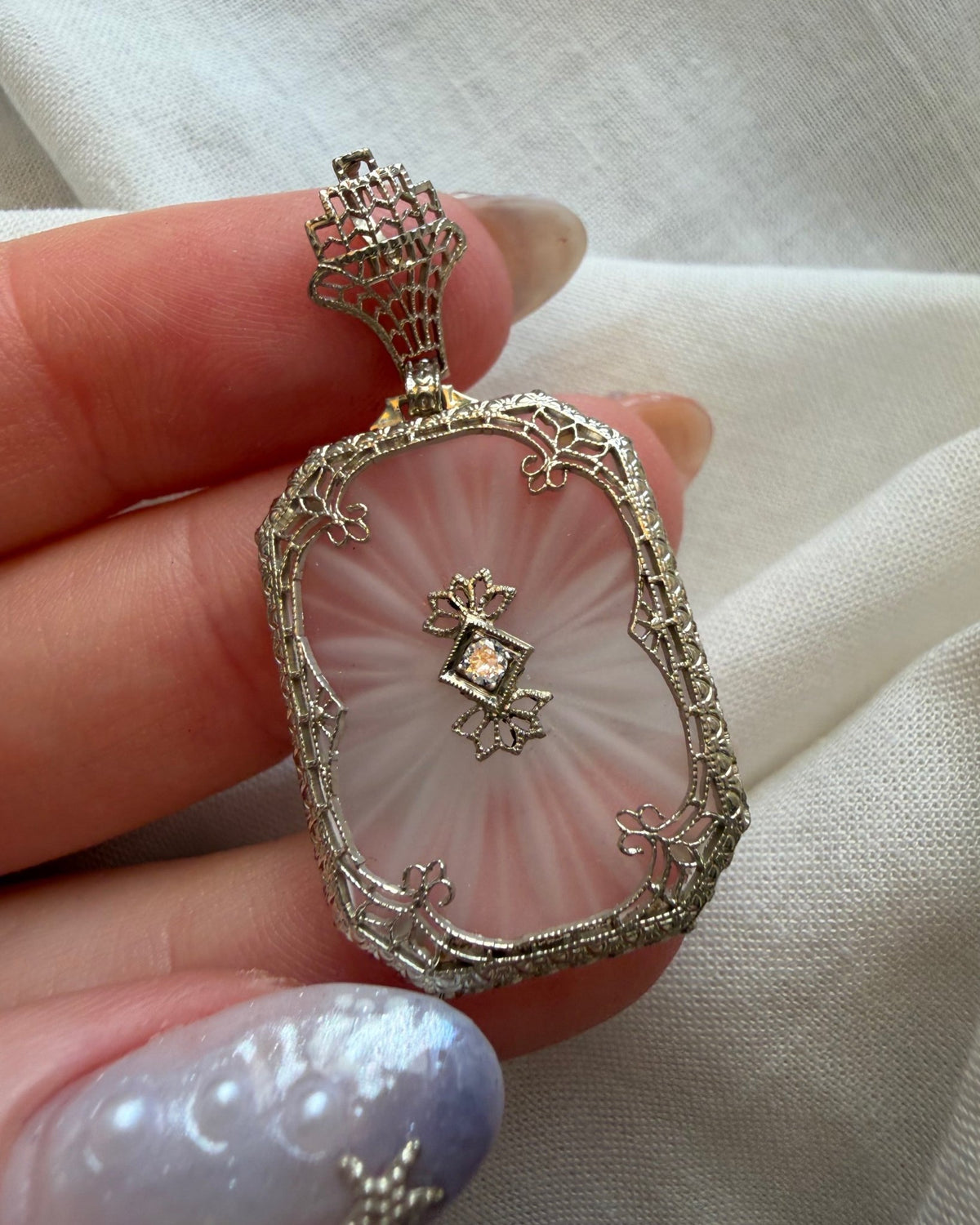 Art Deco 14k White Gold, Carved Crystal, and Diamond Filigree Pendant - Clover Collective Antiques