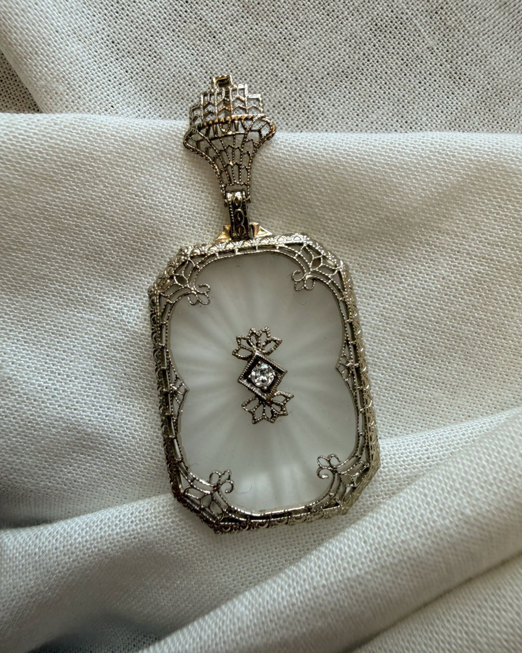 Art Deco 14k White Gold, Carved Crystal, and Diamond Filigree Pendant - Clover Collective Antiques