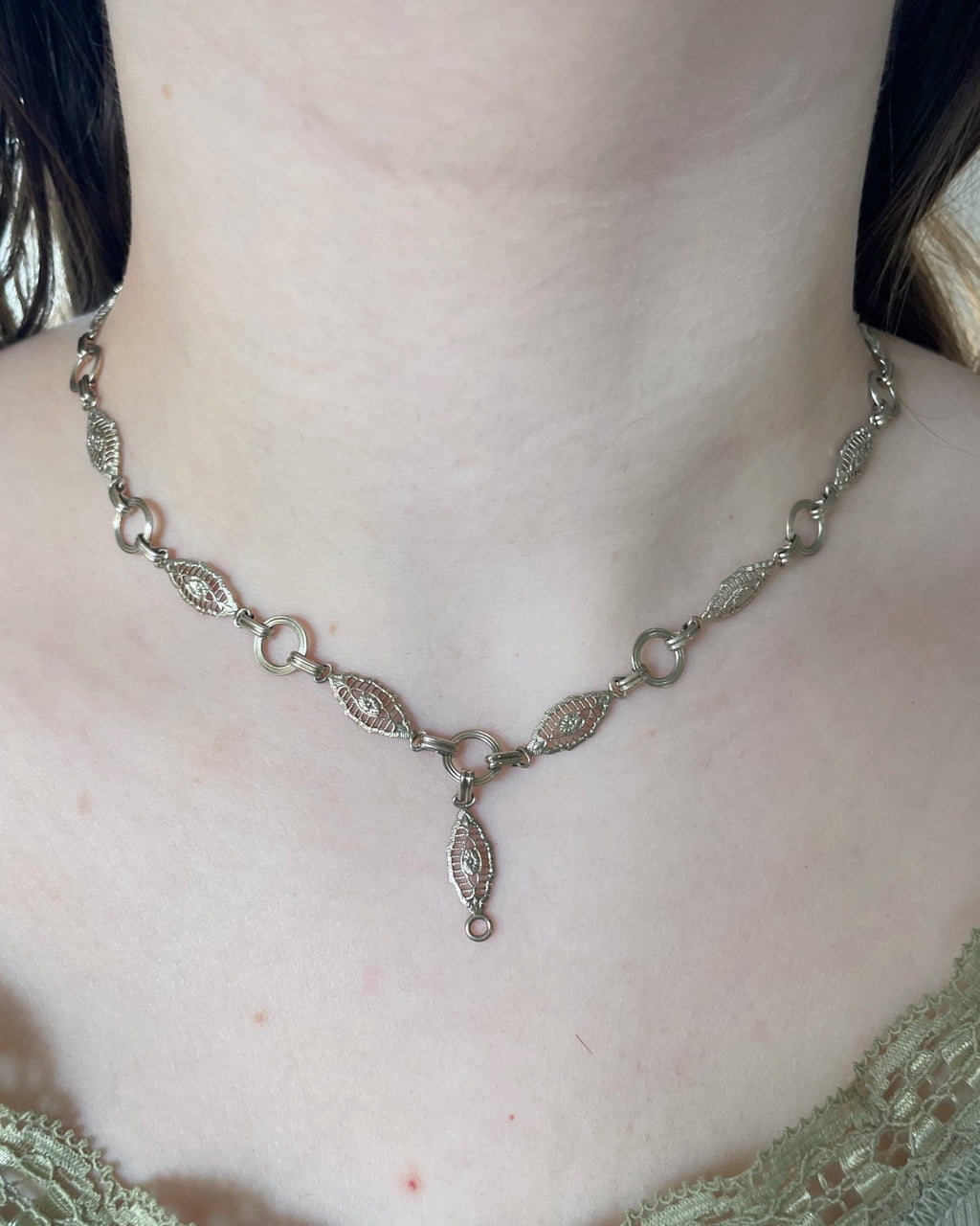 Art Deco 14k White Gold Chain Link Filigree Necklace - Clover Collective Antiques
