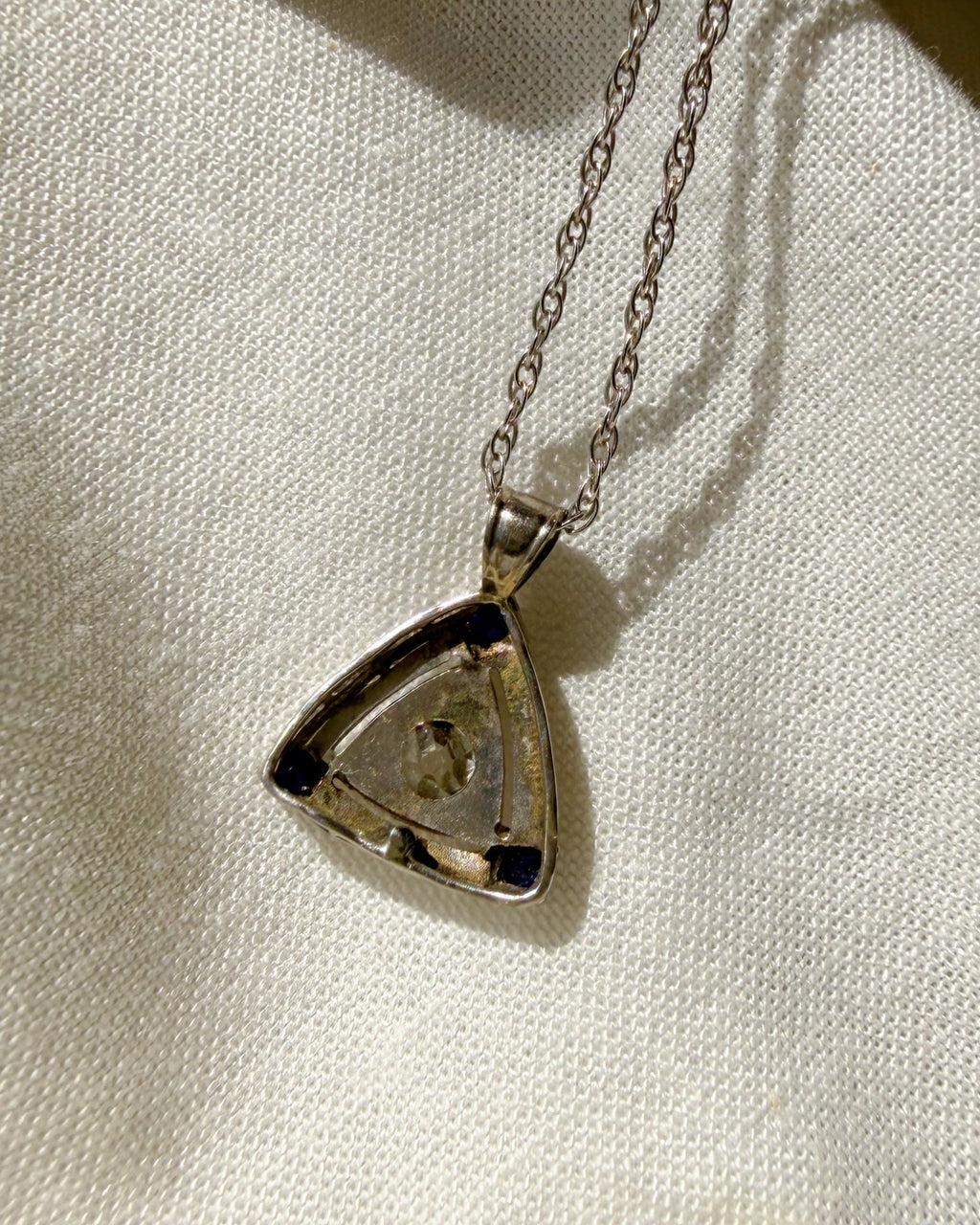 Art Deco 14k White Gold, Diamond, and Synthetic Sapphire Pendant Necklace - Clover Collective Antiques