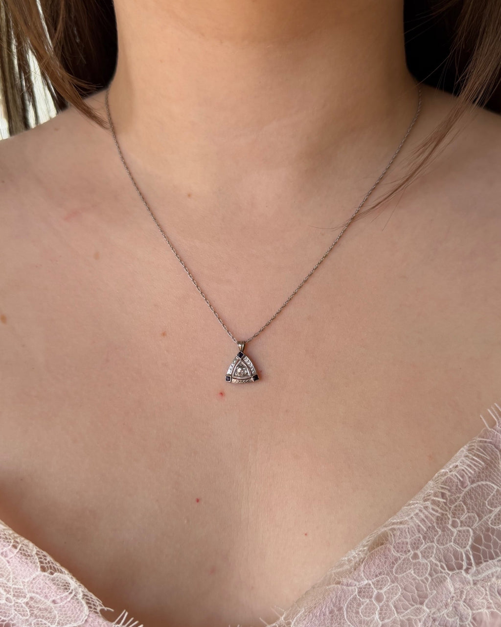 Art Deco 14k White Gold, Diamond, and Synthetic Sapphire Pendant Necklace - Clover Collective Antiques