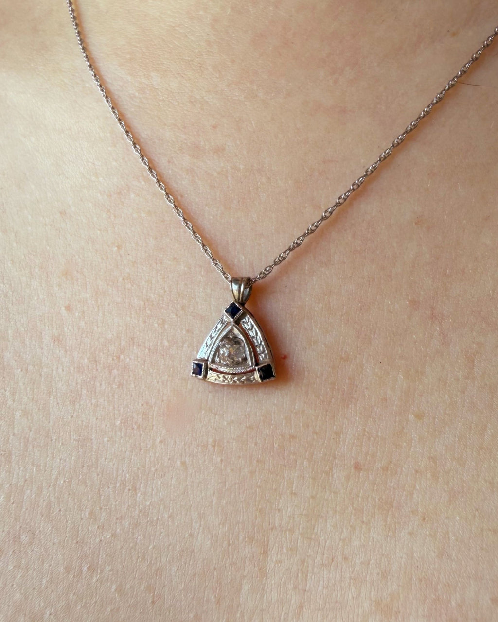 Art Deco 14k White Gold, Diamond, and Synthetic Sapphire Pendant Necklace - Clover Collective Antiques